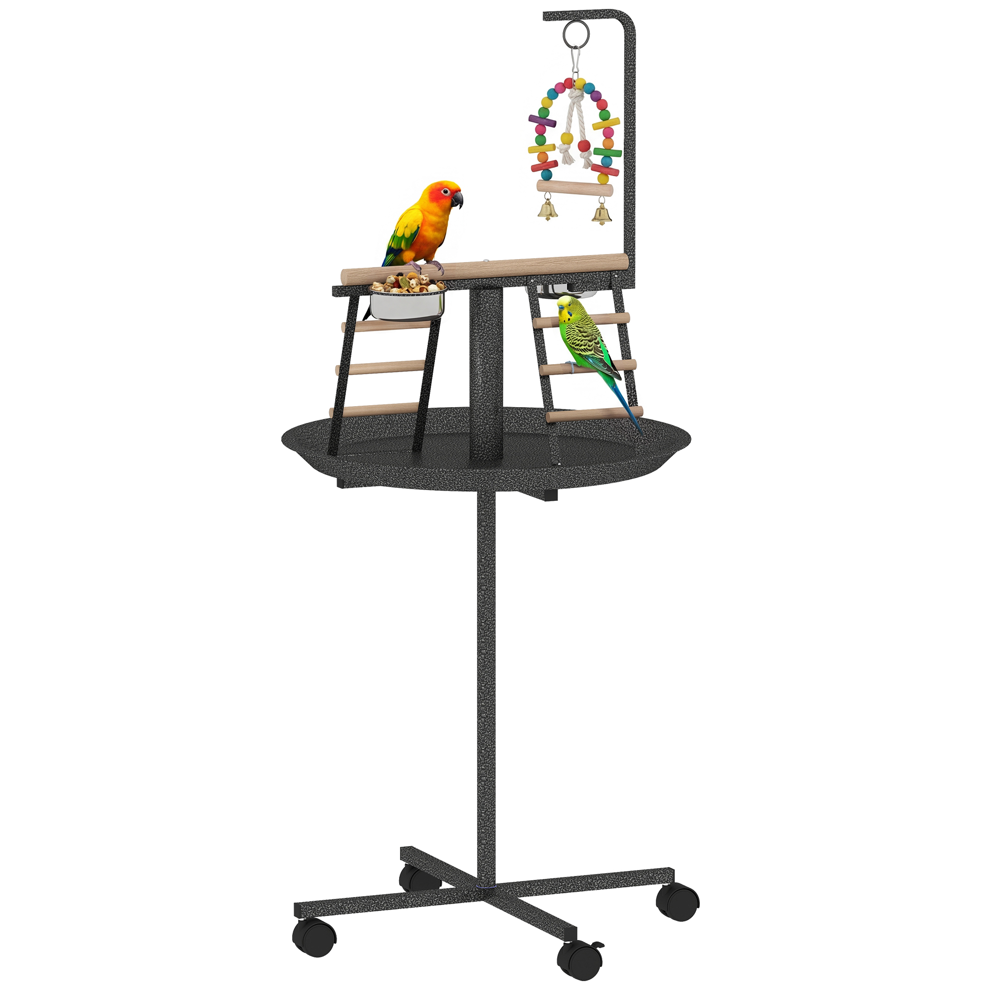 Bird Stand with Wheels Parrot Play Stand with Round Tray Stainless Steel Feed Bowls Indoor Outdoor Dark Gray (Drop Shipping Only, Not for Amazon)