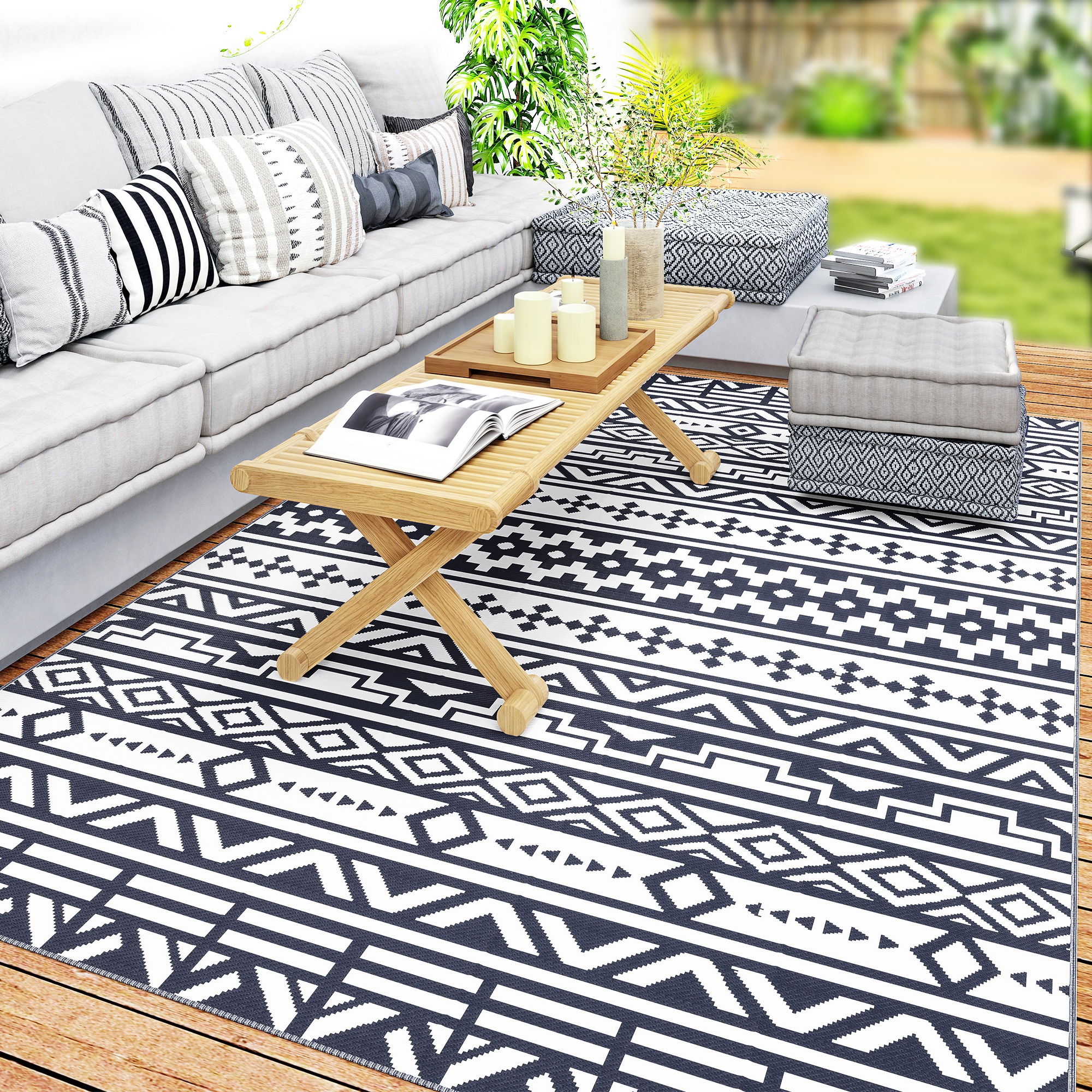 Reversible Outdoor Rug, Waterproof Plastic Straw with Carry Bag, 6' x 9', Blue & White Geometric (Drop Shipping Only, Not for Amazon)