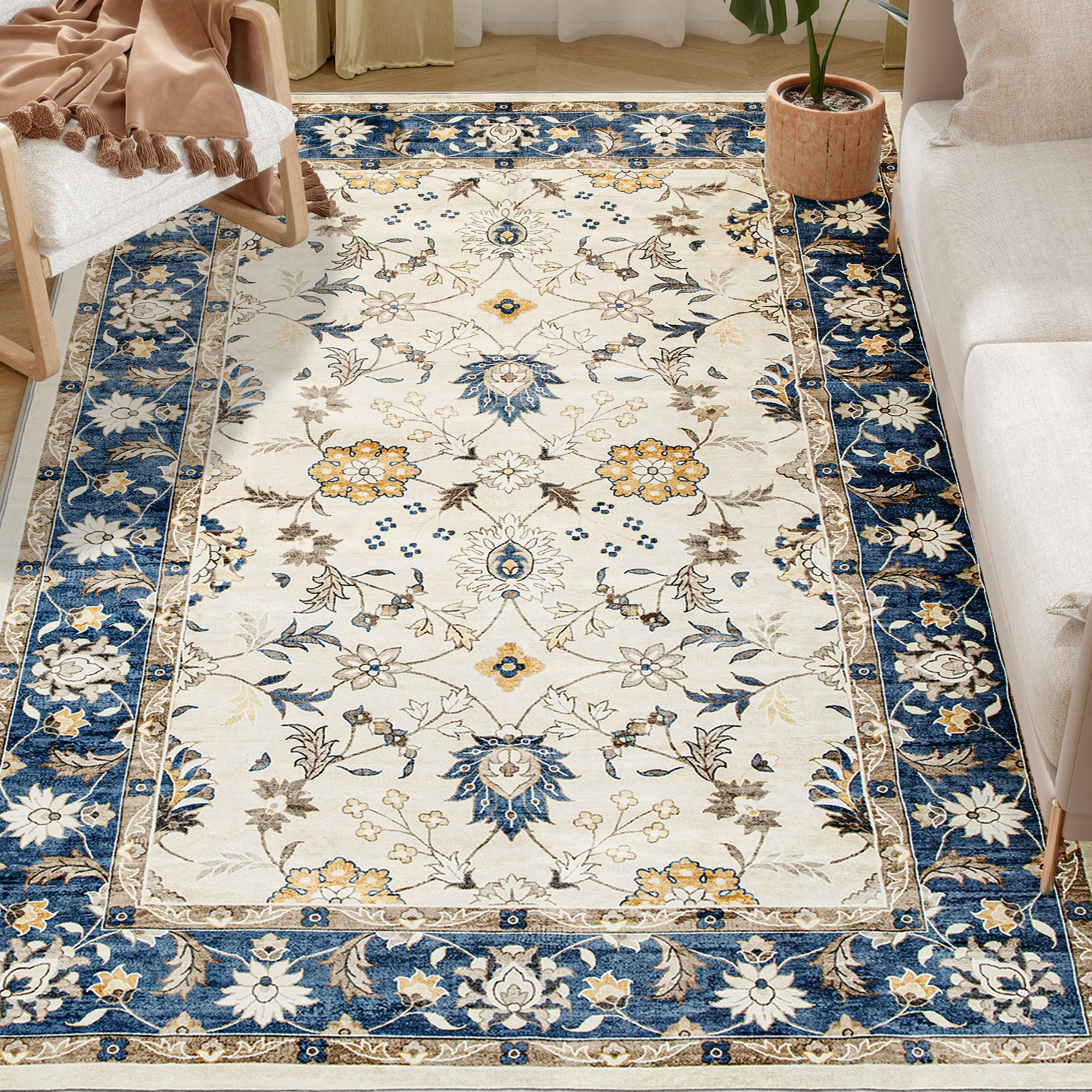 Machine Washable Area Rug 8x10, Non-Slip Boho Floral Print Floor Carpet for Living Room, Bedroom, Dining Room, Blue (Drop Shipping Only, Not for Amazon)