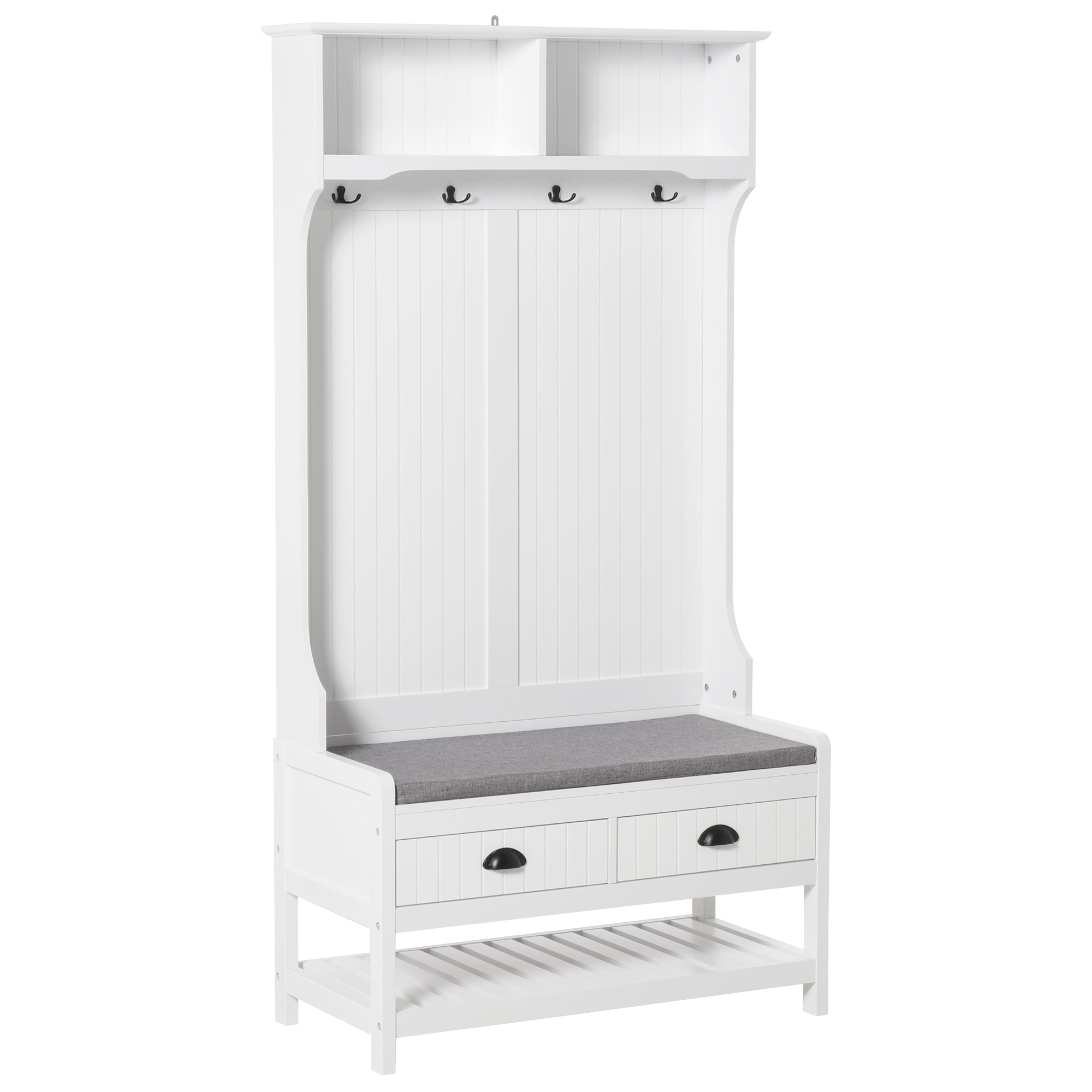 3-in-1 Hall Tree, Entryway Bench with Coat Rack, Mudroom Bench with Shoe Rack, 2 Storage Drawers, 4 Hooks and Padded Seat Cushions for Hallway, Gray (Drop Shipping Only, Not for Amazon)
