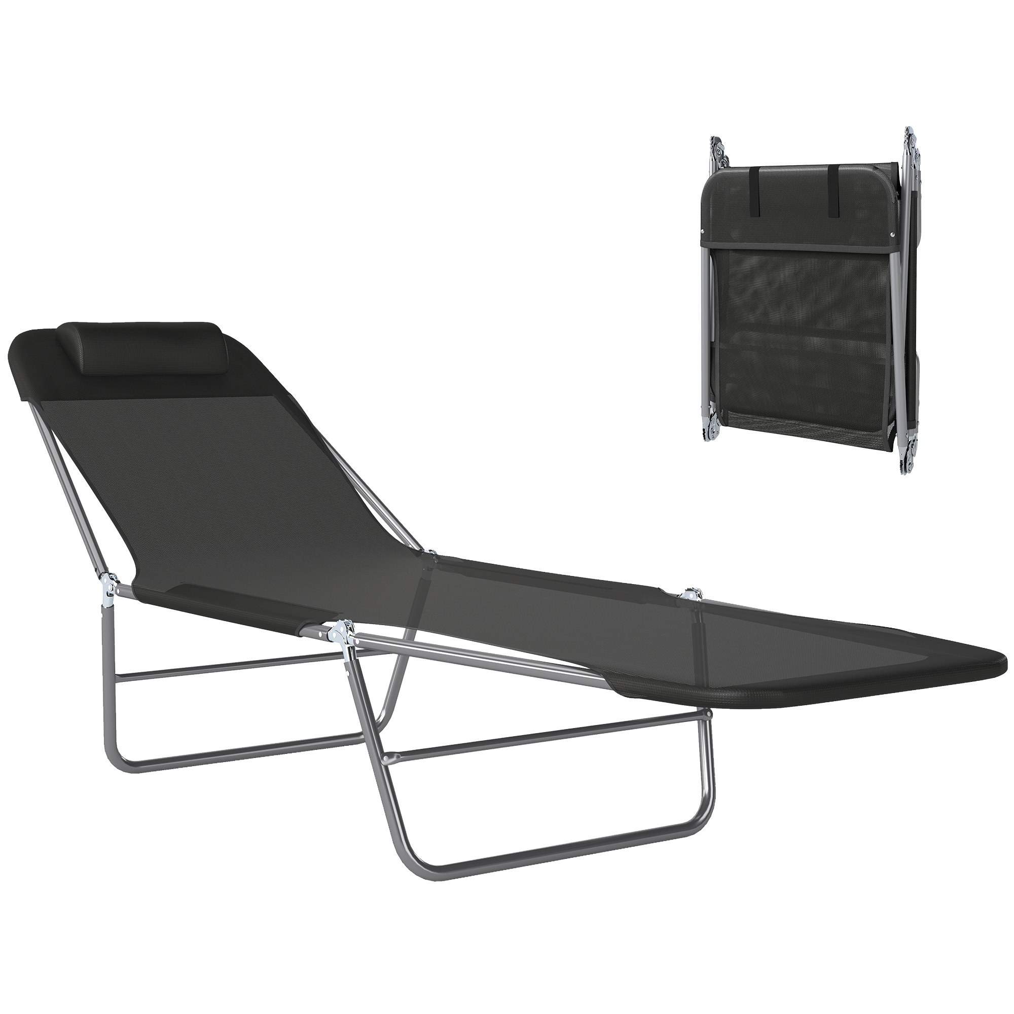 Folding Sun Lounger, Texteline Reclining Sun Bed with 5 Position Adjustable Backrest, Headrest, Black (Drop Shipping Only, Not for Amazon)