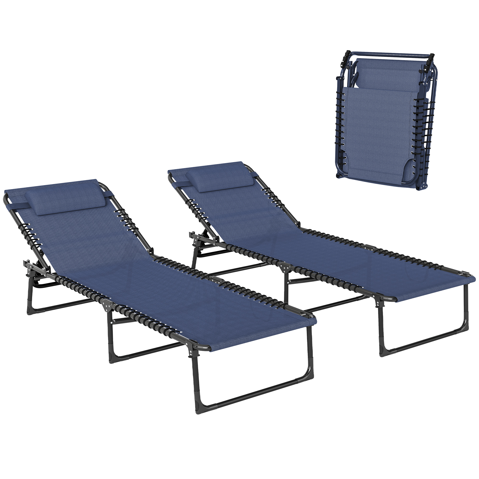 2 Folding Chaise Lounge Pool Chairs with 4-Position Reclining Back, Pillow, Breathable Mesh & Bungee Seat, Dark Blue (Drop Shipping Only, Not for Amazon)