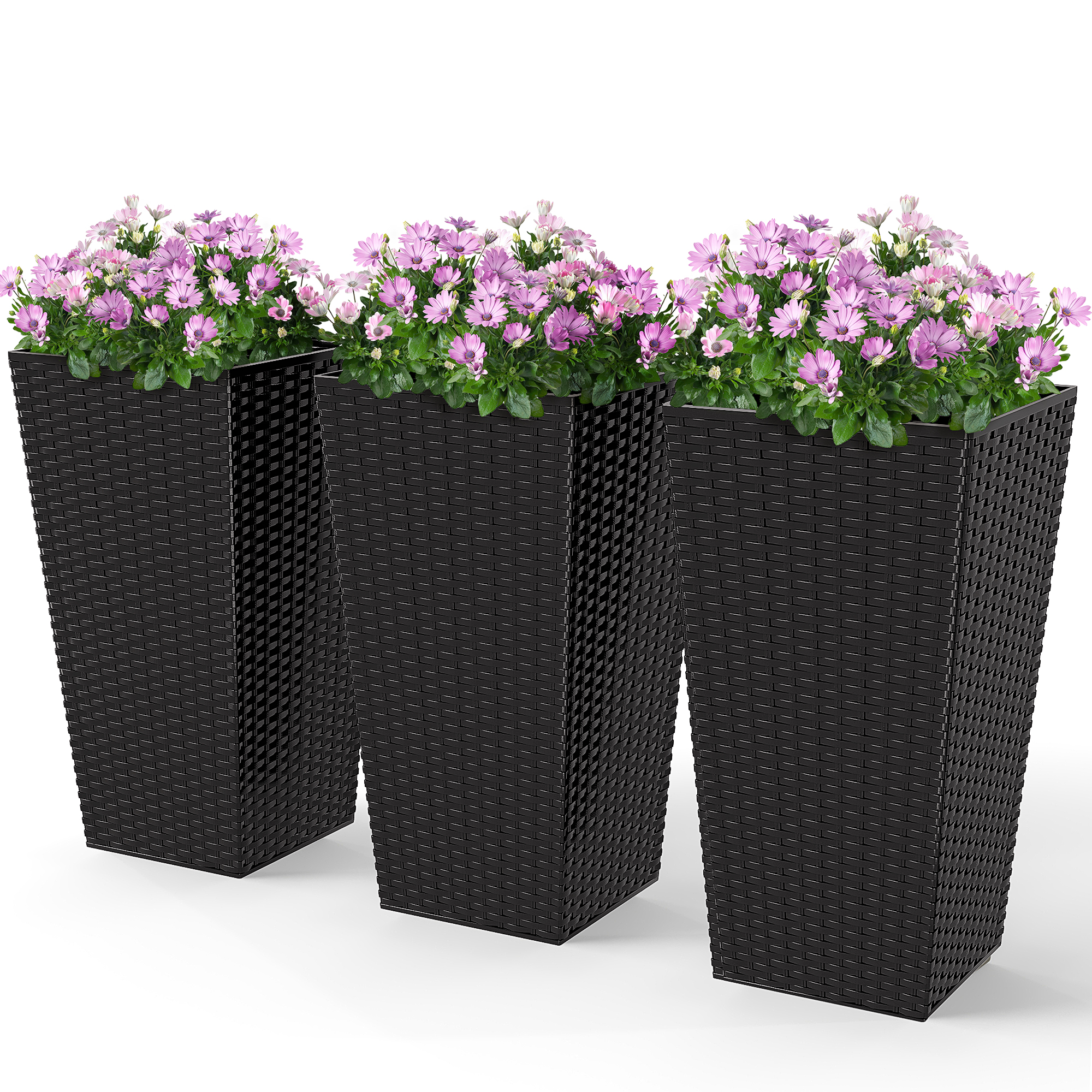 Tall Planters for Outdoor Plants Set of 3, 24 In Taper Planters with Drainage Holes, Rattan Decor Plant Pots for Indoor Outdoor Front Porch Patio Backyard, Gray (Drop Shipping Only, Not for Amazon)