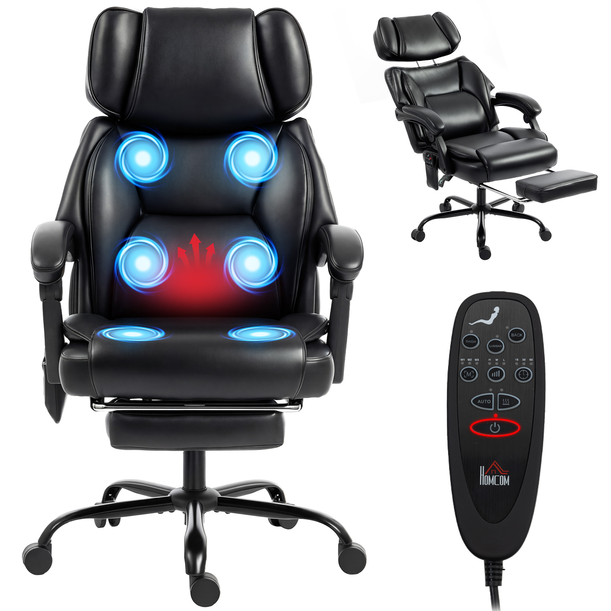 High Back Vibration Massage Office Chair Heated Reclining Computer Chair w/ Footrest, Swivel Wheels, Remote, Black (Drop Shipping Only, Not for Amazon)