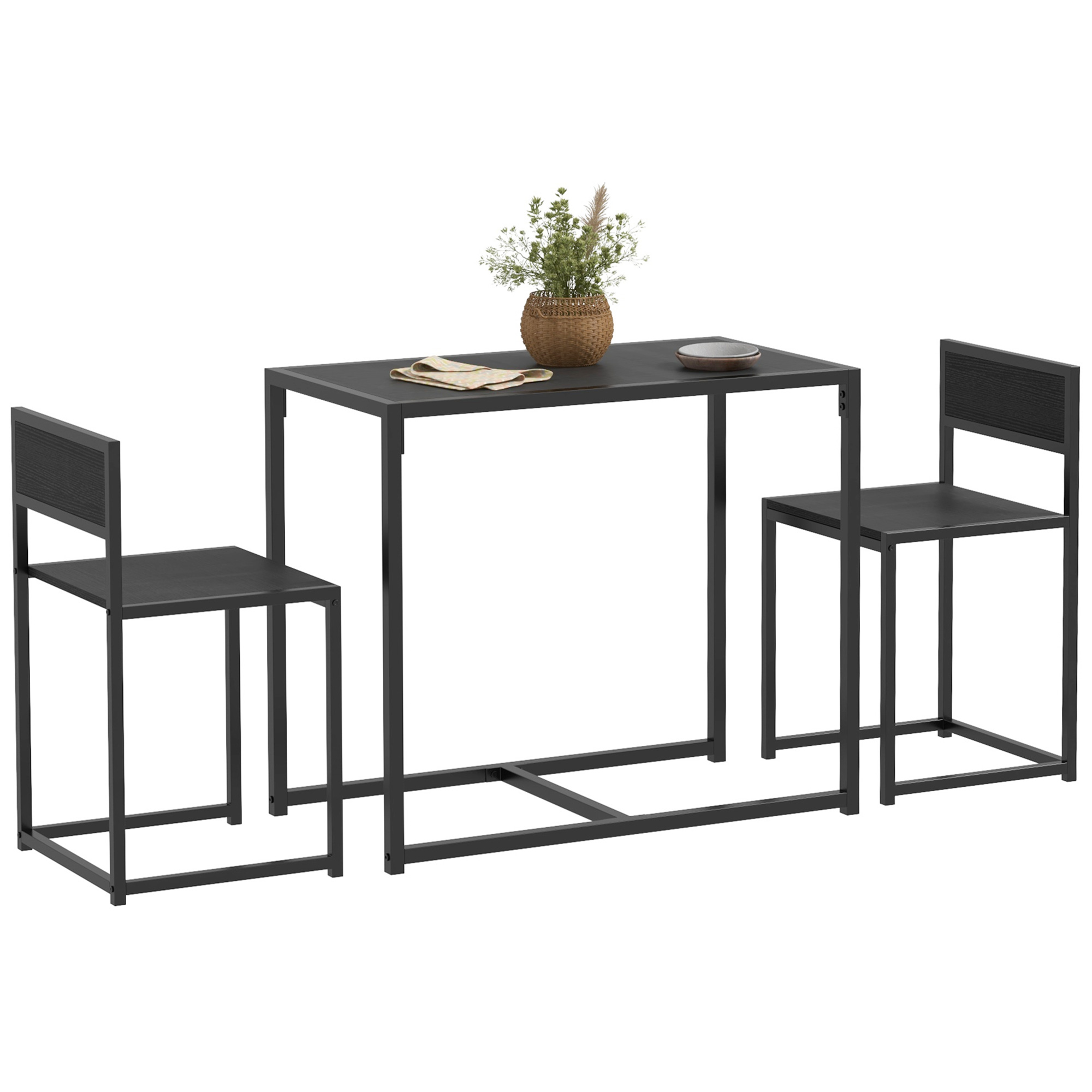 Dining Table and Chairs Set 2, Dining Room Sets, Rectangular Space Saving Table and 2 Chairs for Compact Kitchens, Steel Frame, Black (Drop Shipping Only, Not for Amazon)