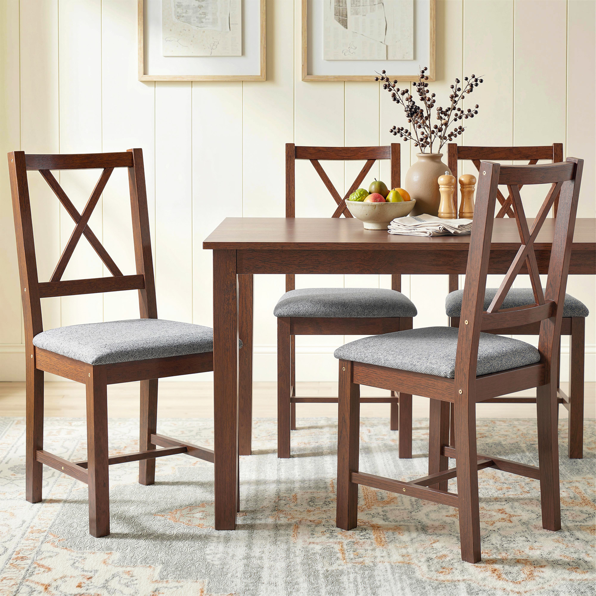 Set of 4 Dining Chairs, Upholstered X-Back Dining Room Chairs with Rubberwood Legs and Padded Seat for Kitchen, Walnut (Drop Shipping Only, Not for Amazon)