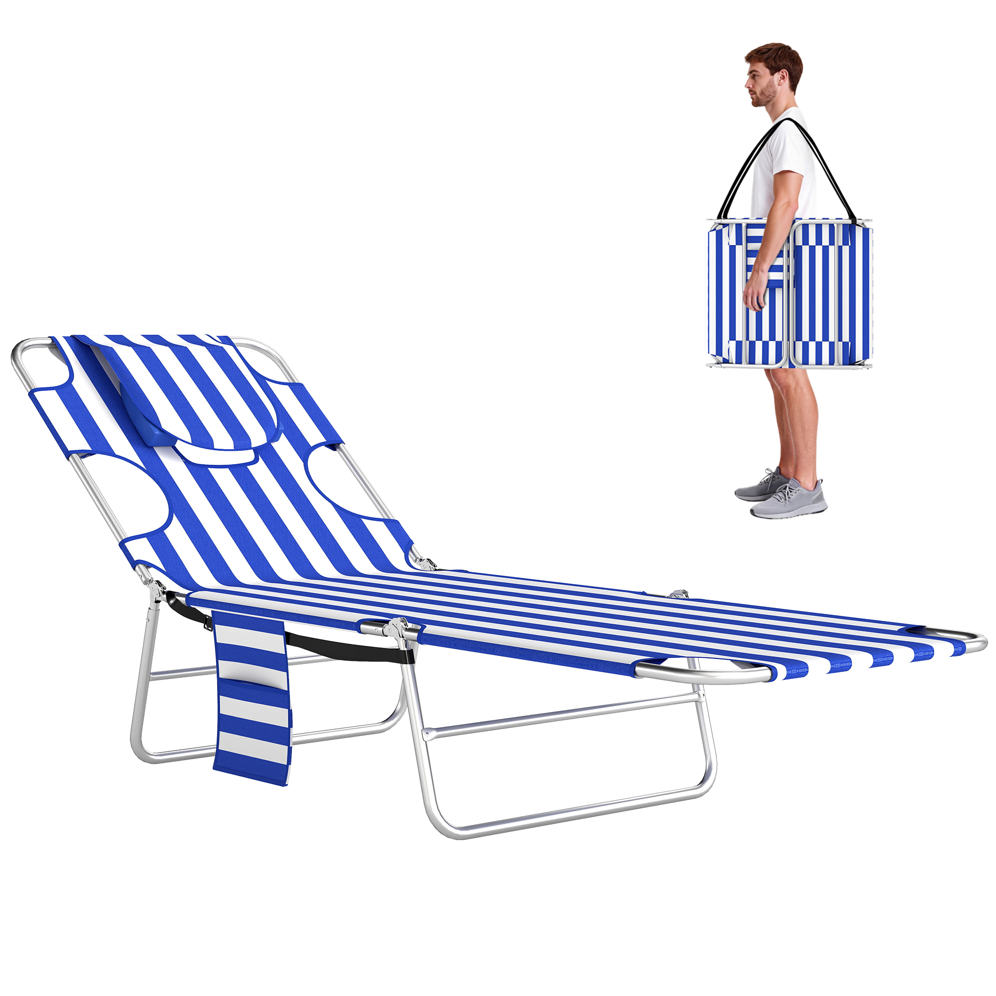 Tanning Chair with Face Hole, 5-Level Adjustable Outdoor Chaise Lounge Chair with Pillow for Beach, Pool, Blue Stripes (Drop Shipping Only, Not for Amazon)