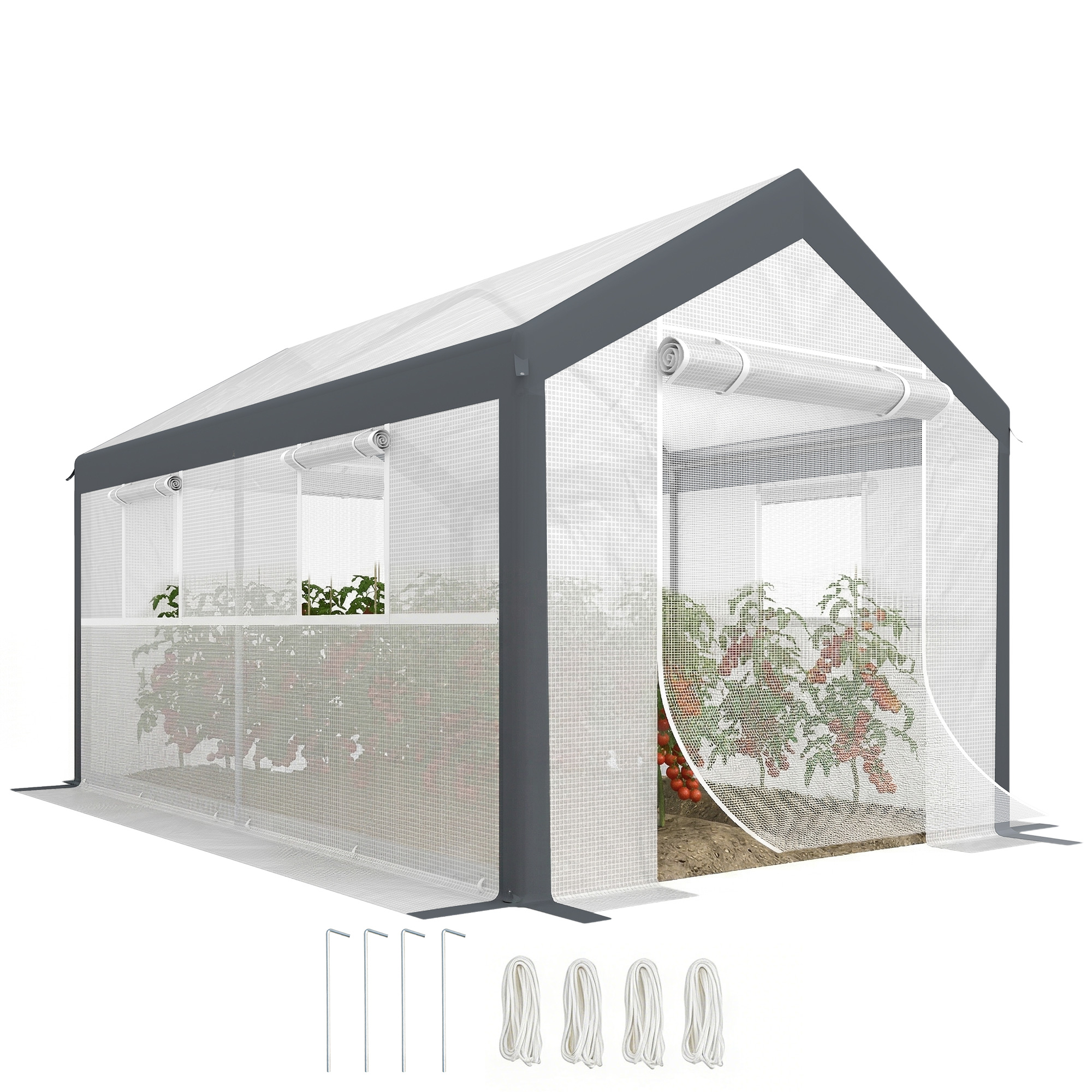 12' x 7' x 7' Greenhouse, Walk-in Outdoor Tunnel Green House with PE Cover, Steel Frame, 2 Roll-Up Zipper Doors & 4 Windows for Flowers, Vegetables, Tropical Plants, White/Dark Gray (Drop Shipping Only, Not for Amazon)
