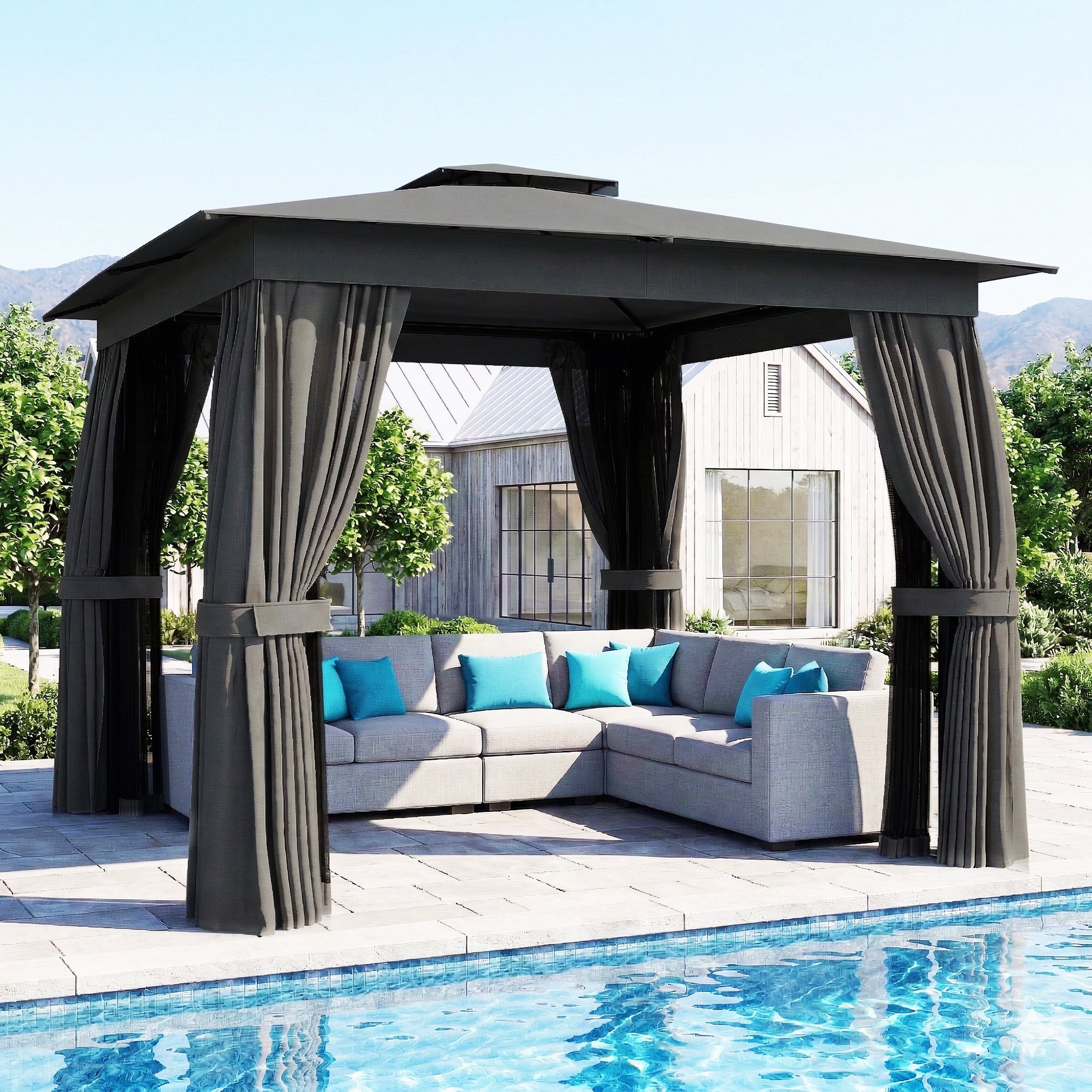 10' x 10' Outdoor Patio Gazebo, Soft Top Gazebo Canopy Shelter with Curtains, Netting, Steel Frame, Hook, Dark Gray (Drop Shipping Only, Not for Amazon)
