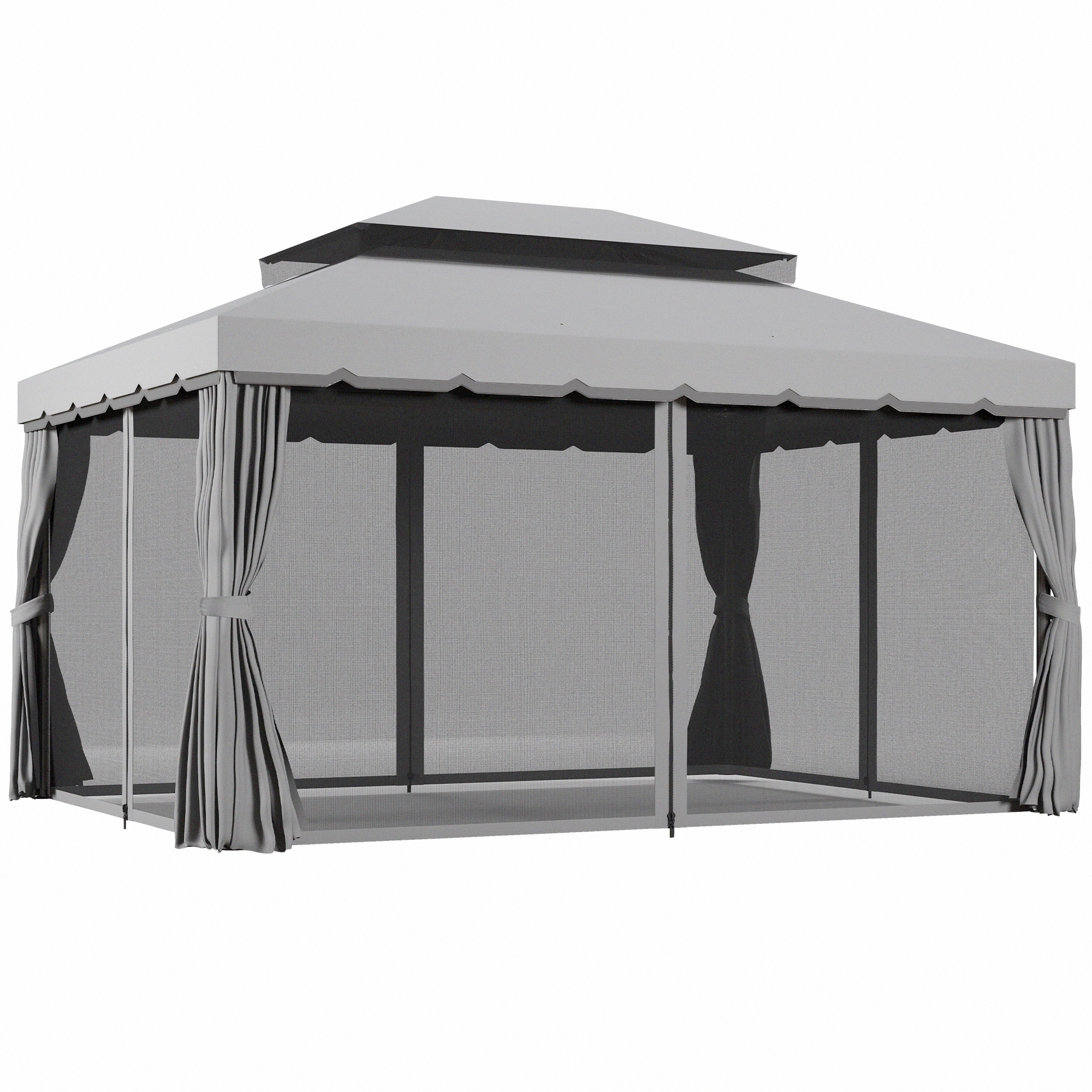 10' x 13' Patio Gazebo w/ Aluminum Frame Double Roof, Outdoor Gazebo Canopy Shelter with Netting & Curtains, Gray (Drop Shipping Only, Not for Amazon)