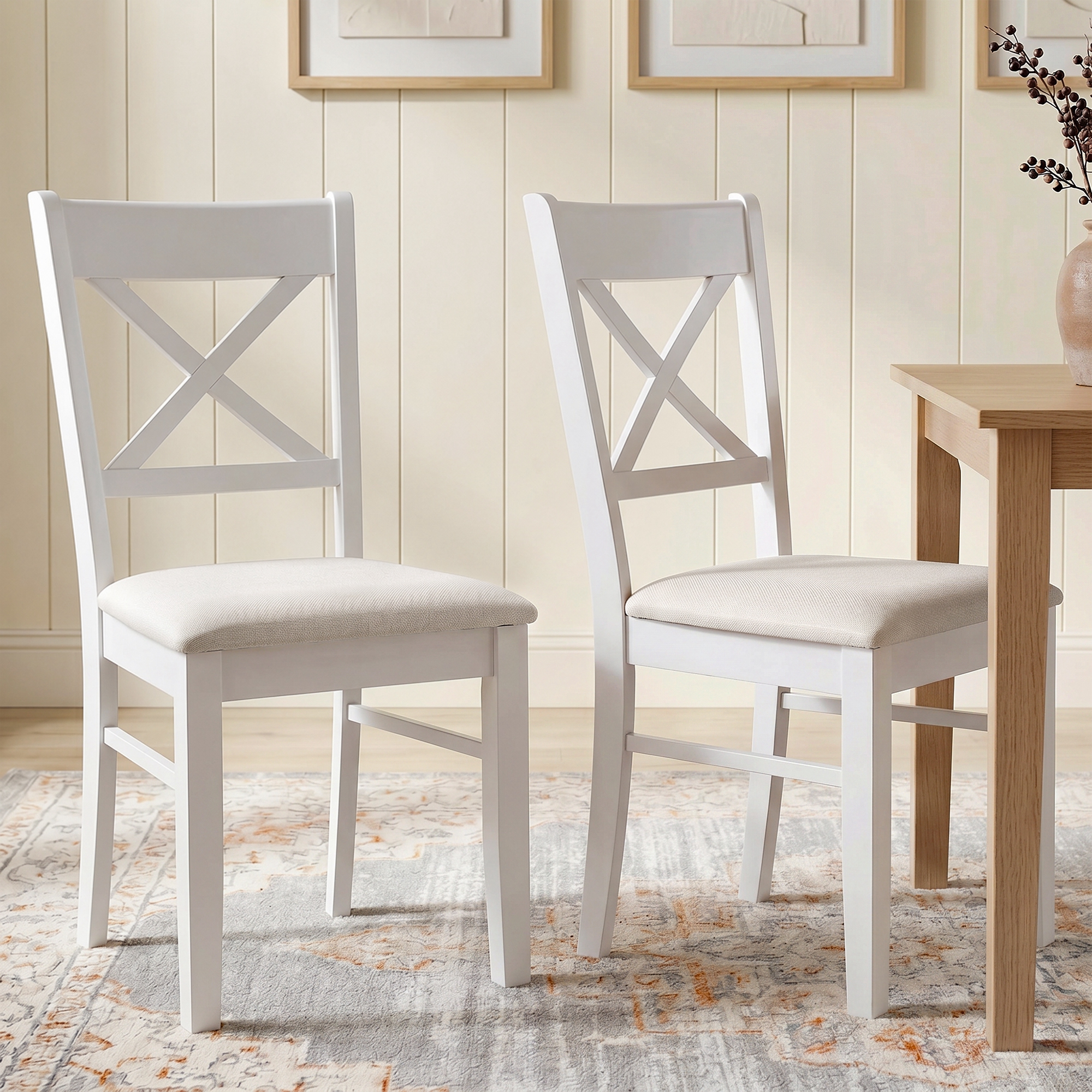 Dining Chairs Set of 2, Upholstered Kitchen Chairs with Rubberwood Frame, Padded Seat and X-Back, White (Drop Shipping Only, Not for Amazon)