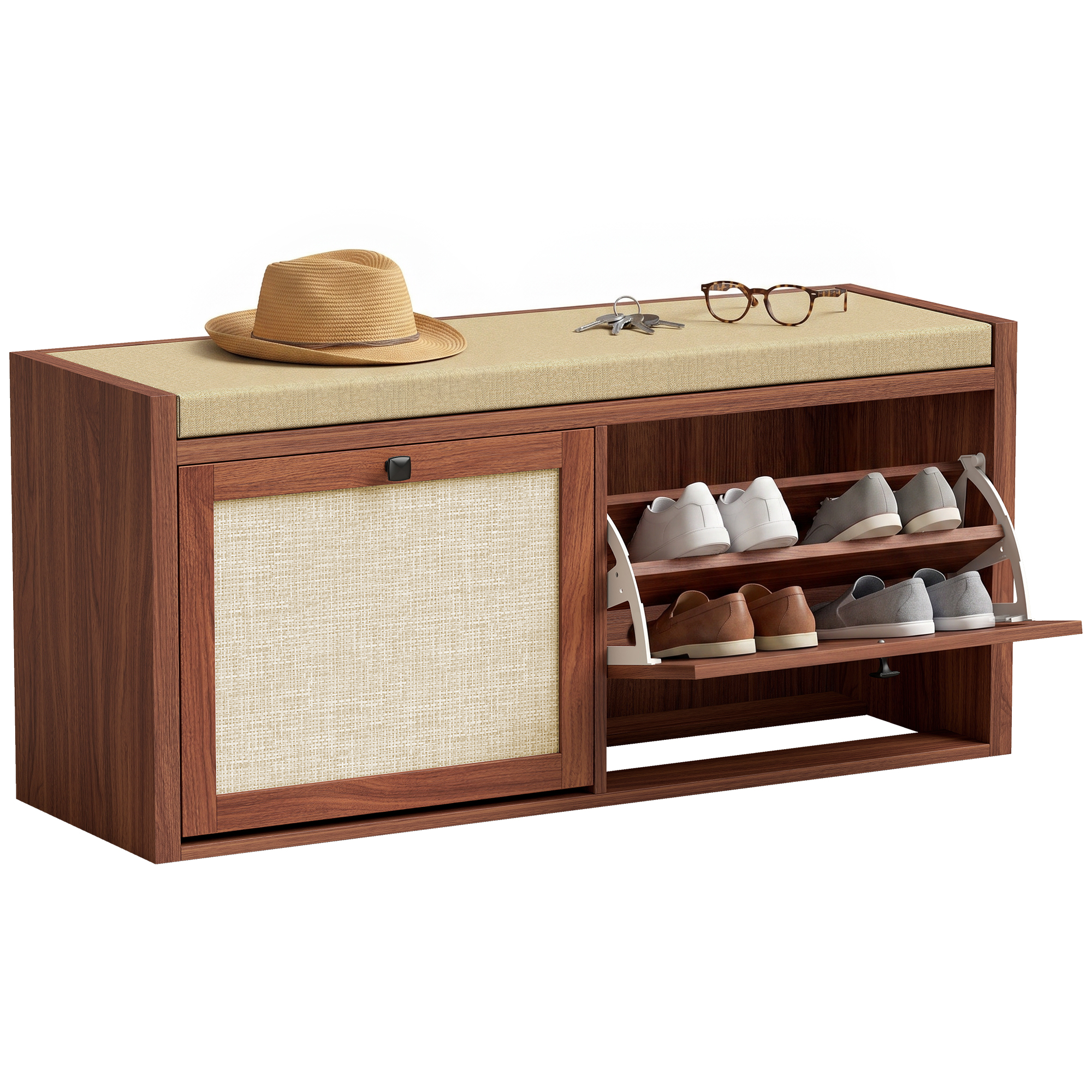 Shoe Storage Bench with Padded Seat, Shoe Storage Bench 2 Rattan Doors for Entryway, Brown (Drop Shipping Only, Not for Amazon)