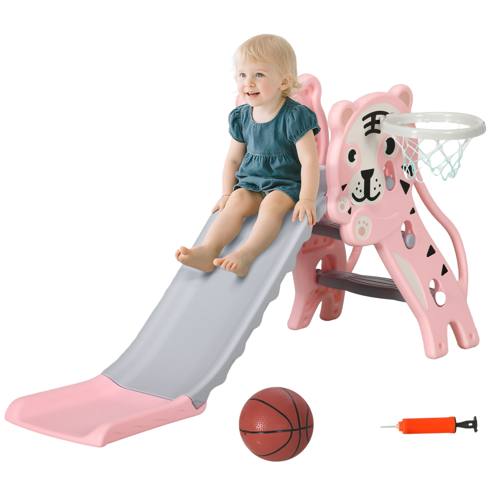 3 in 1 Baby Slide for Indoor Use with Climber, Basketball Hoop, Basketball, for Ages 18-36 Months - Pink (Drop Shipping Only, Not for Amazon)