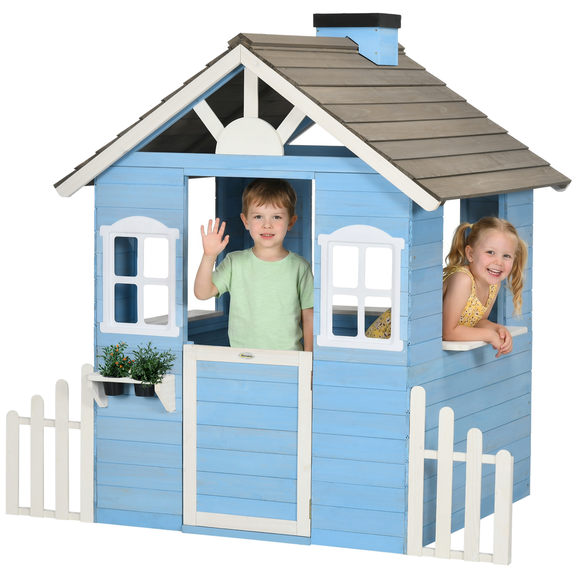 Wooden Playhouse for Kids Outdoor with Flower Pot Holders, Door, Windows, Service Stations for 3-7 Years, Blue (Drop Shipping Only, Not for Amazon)