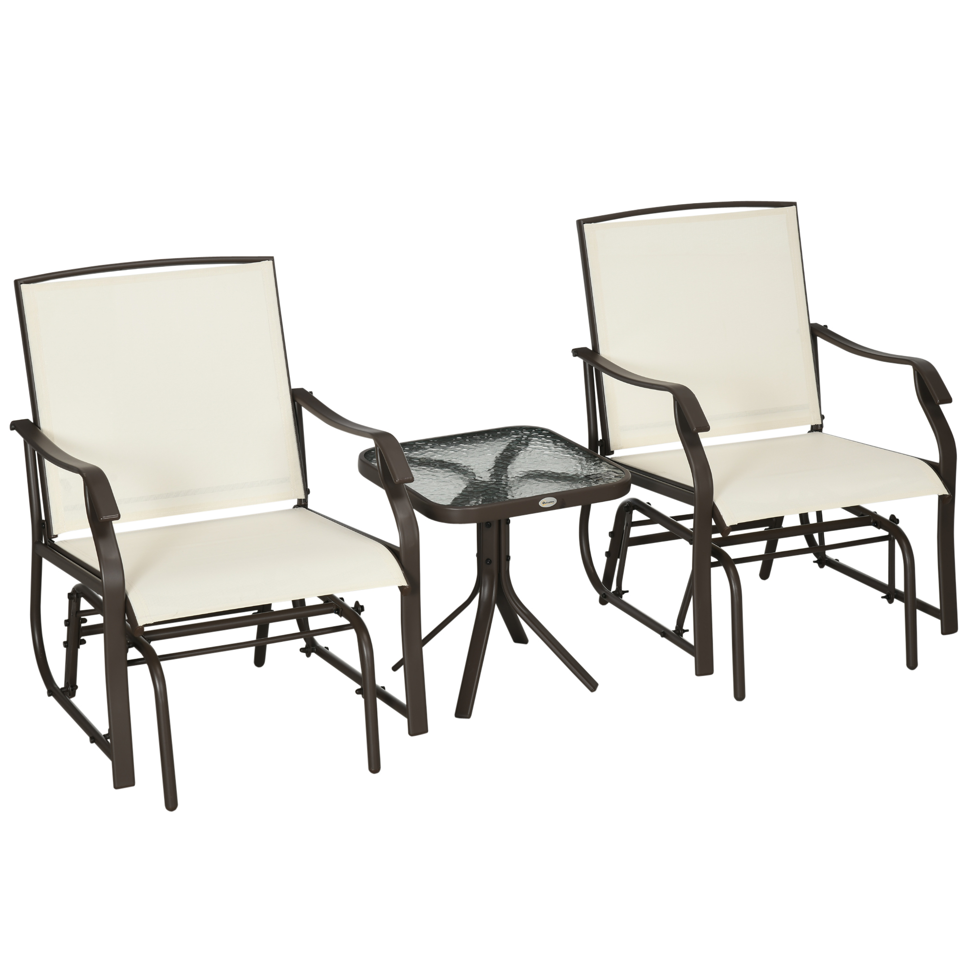 3 Piece Outdoor Glider Chair with Coffee Table Bistro Set, 2 Patio Rocking Swing Chairs with Breathable Sling Fabric, Glass Tabletop, for Backyard, Garden and Porch, Gray (Drop Shipping Only, Not for Amazon)