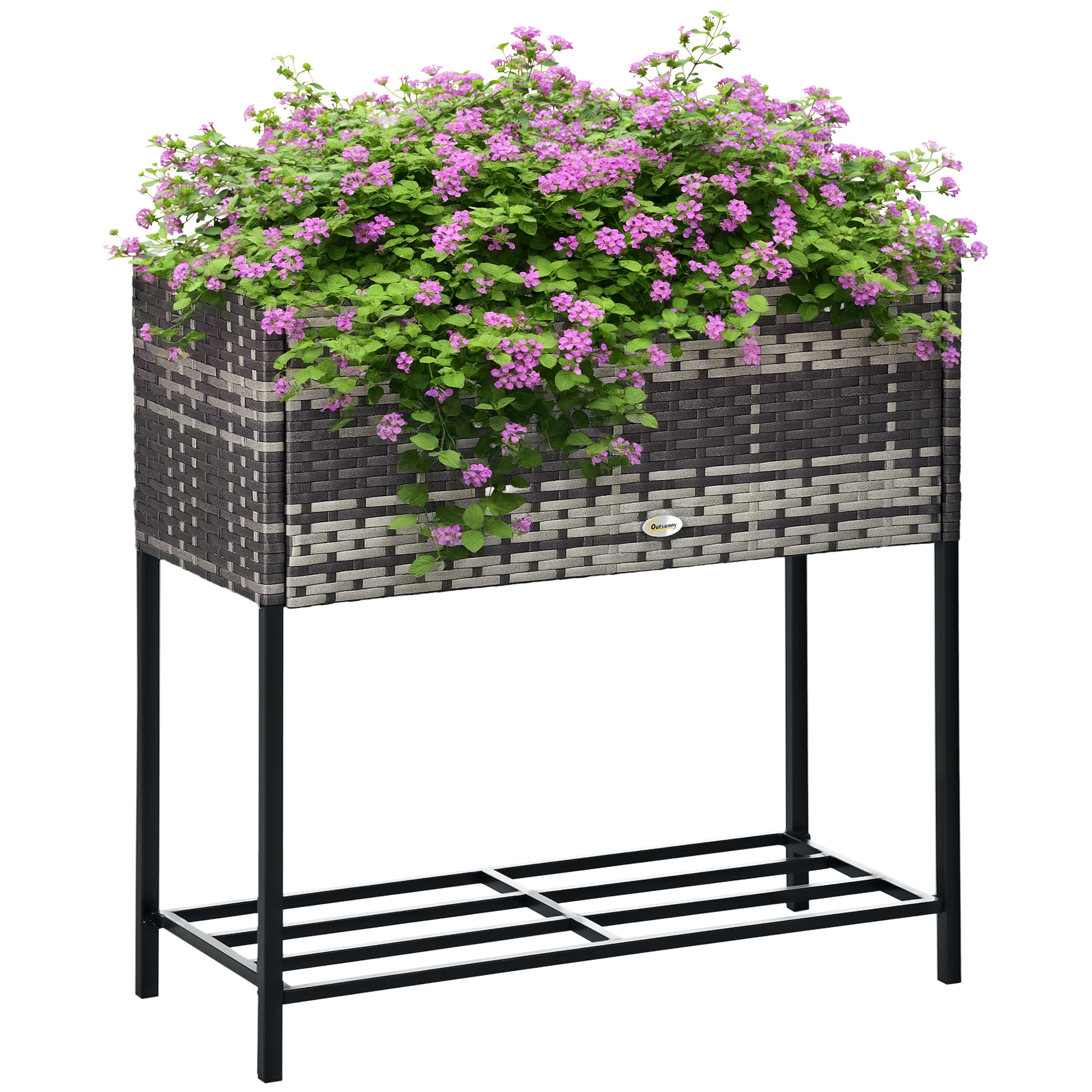Raised Garden Bed, Elevated Planter Box with Rattan Wicker Look, Tool Storage Shelf, Portable Design for Herbs, Vegetables, Flowers, Gray (Drop Shipping Only, Not for Amazon)