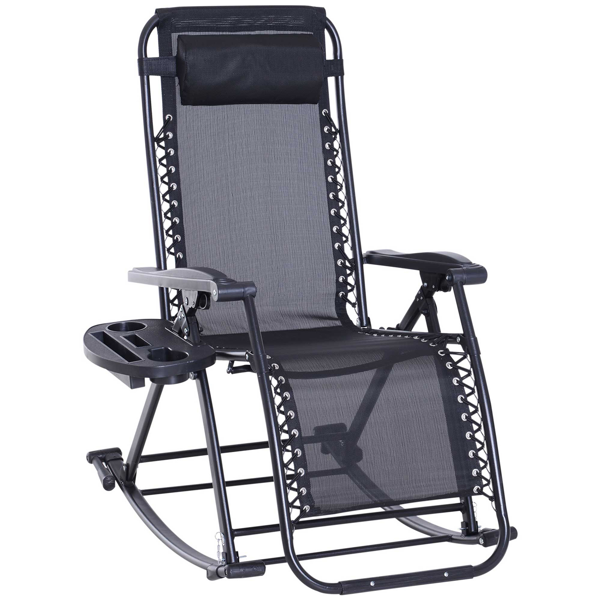 Outdoor Rocking Chairs, Foldable Reclining Zero Gravity Lounge Rocker with Pillow, Cup & Phone Holder, Combo Design with Folding Legs, Black (Drop Shipping Only, Not for Amazon)