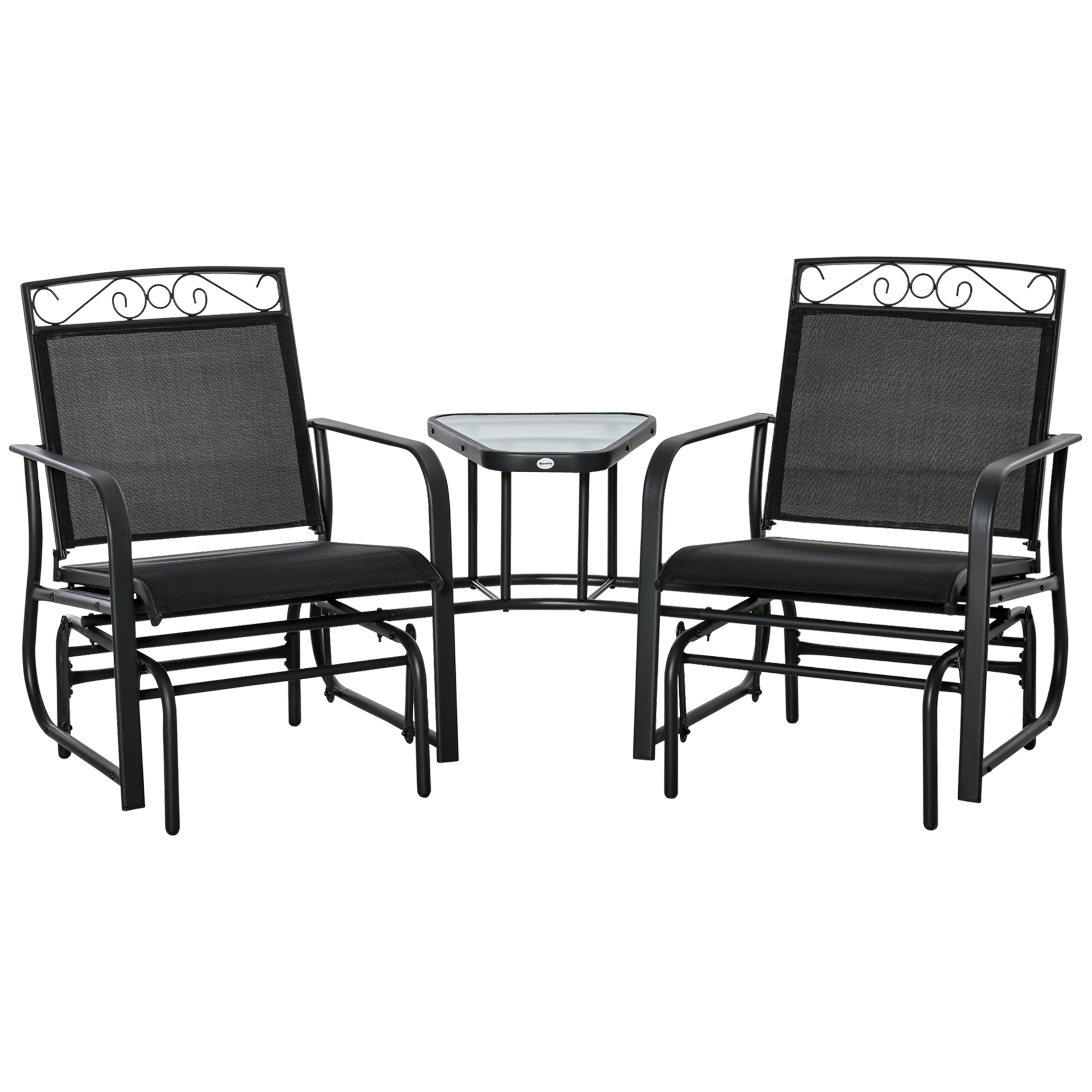Outdoor Glider Chairs with Coffee Table, Patio 2-Seat Rocking Chair Swing with Breathable Sling for Backyard, Black (Drop Shipping Only, Not for Amazon)