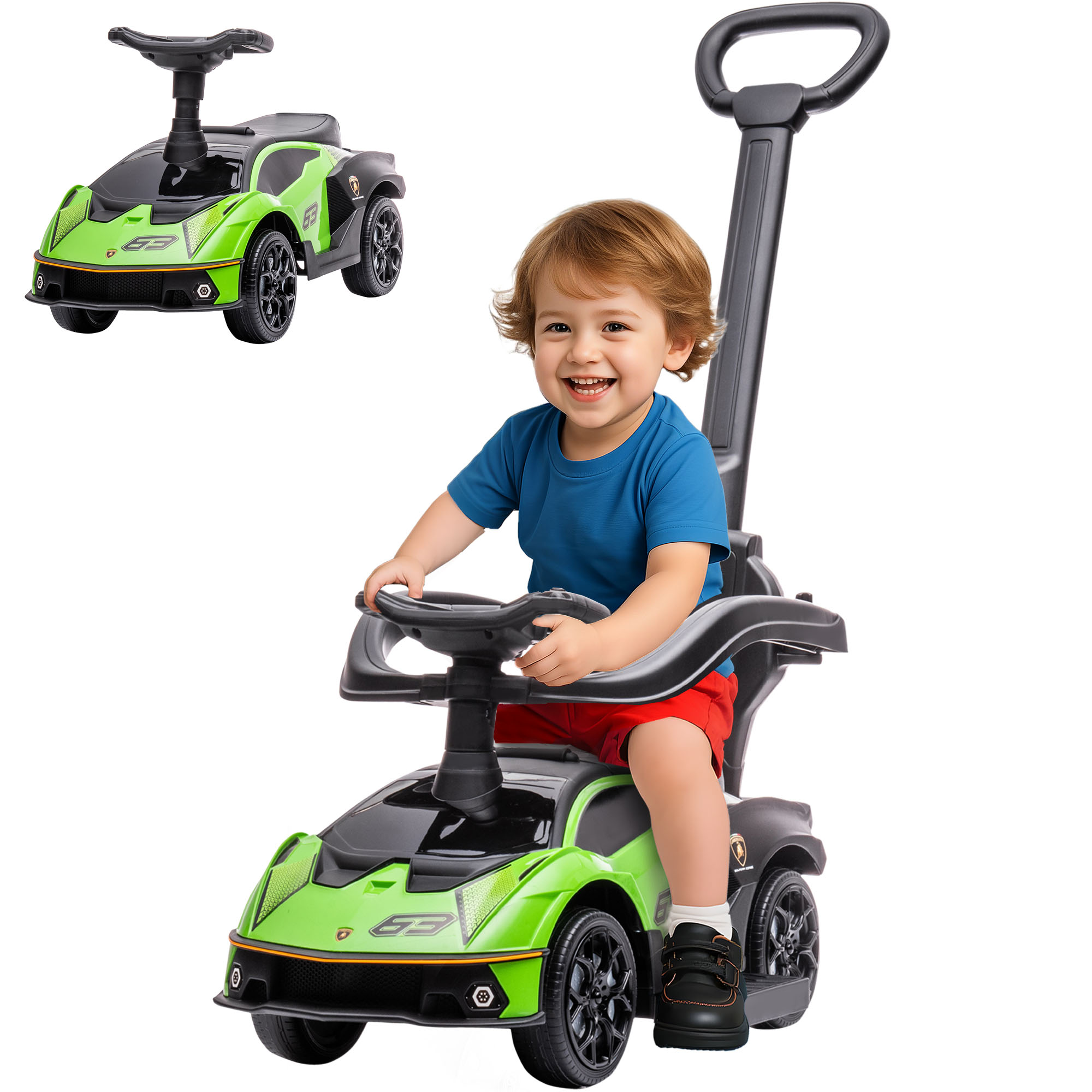 Kids 2-In-1 Lamborghini Ride-On and Stroller, with Horn - Green (Drop Shipping Only, Not for Amazon)