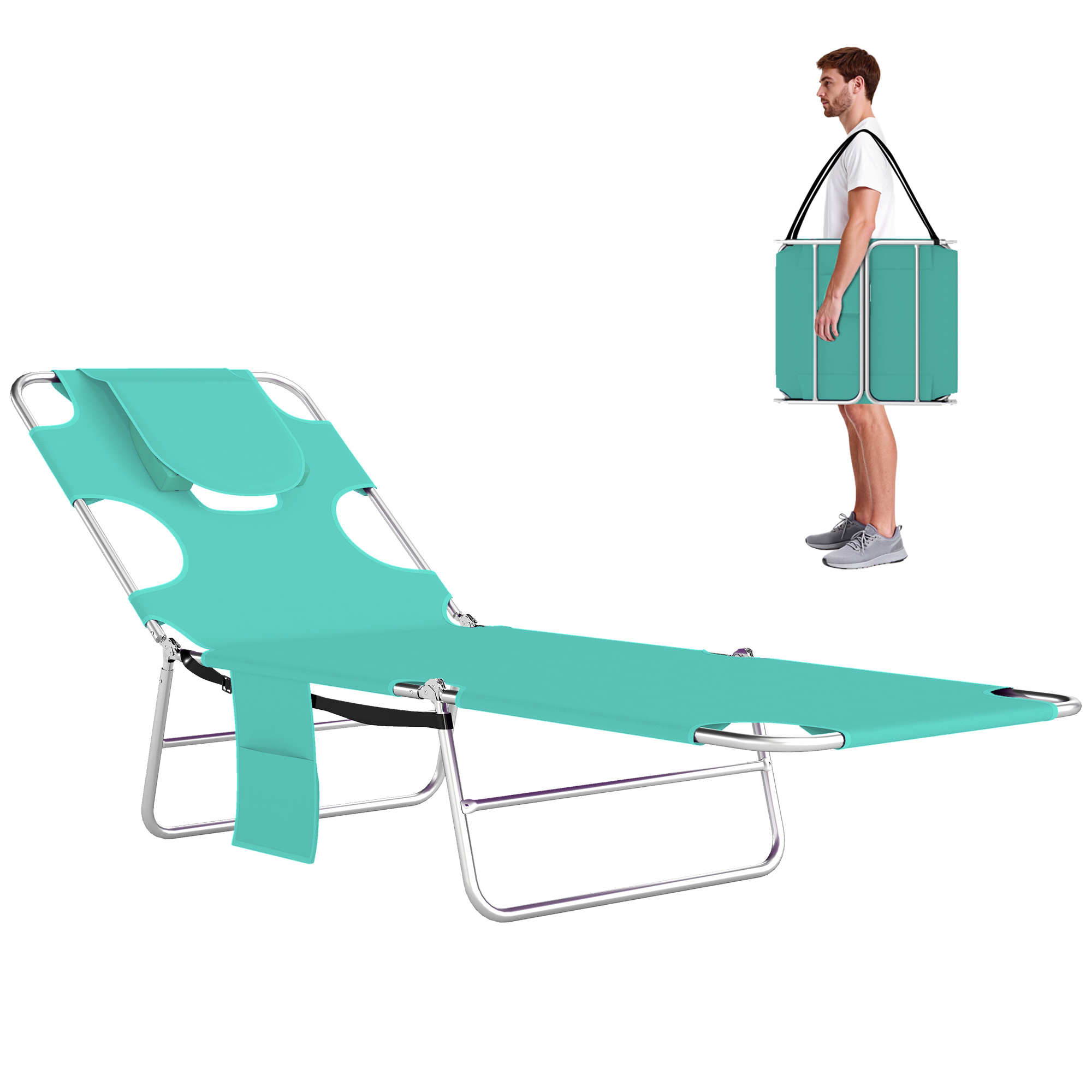 Tanning Chair with Face Hole, 5-Level Adjustable Outdoor Chaise Lounge Chair with Pillow for Beach, Pool, Beige (Drop Shipping Only, Not for Amazon)