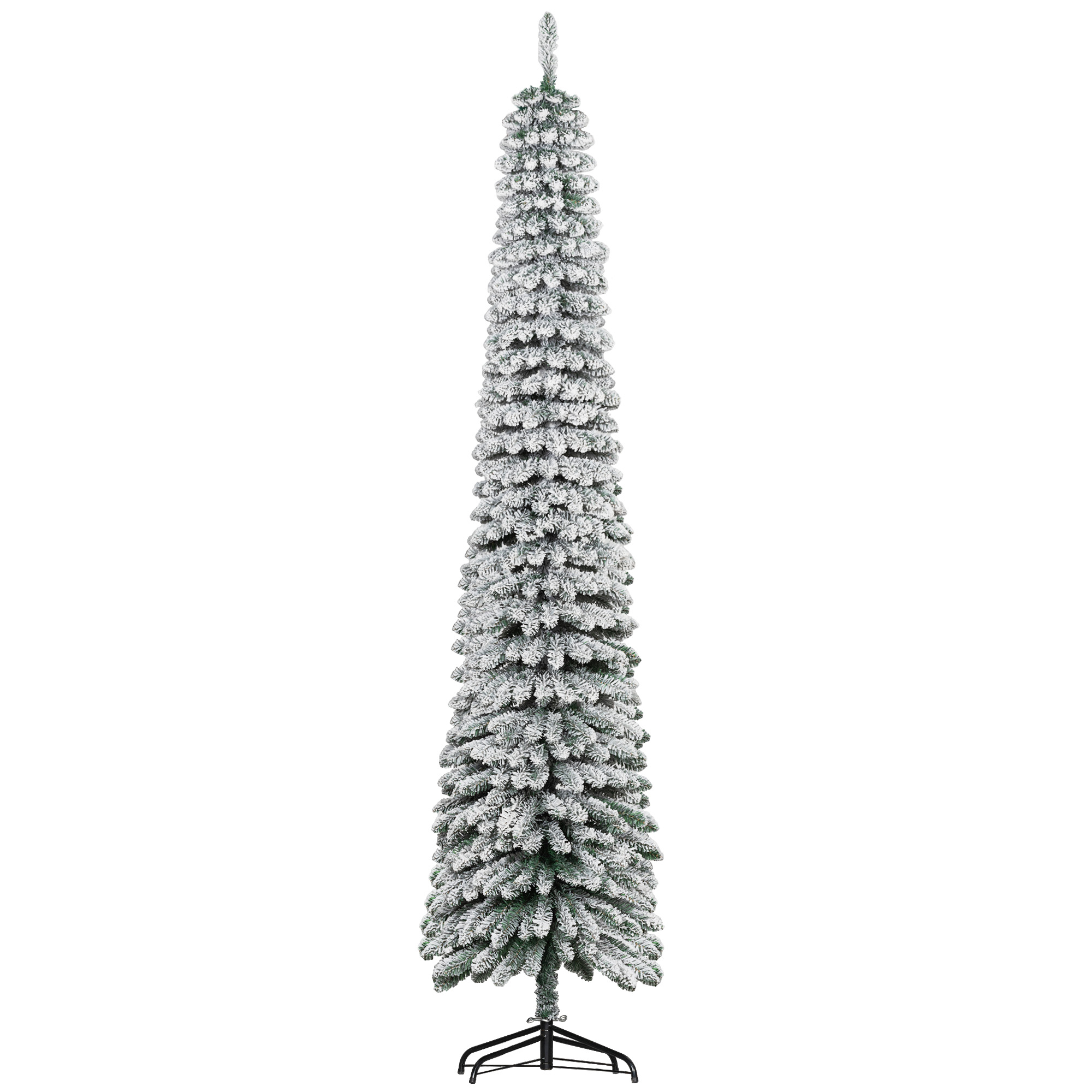 8' Tall Unlit Slim Pencil Xmas Tree, Snow Flocked Artificial Christmas Tree with Realistic Branches and 603 Tips, Green (Drop Shipping Only, Not for Amazon)