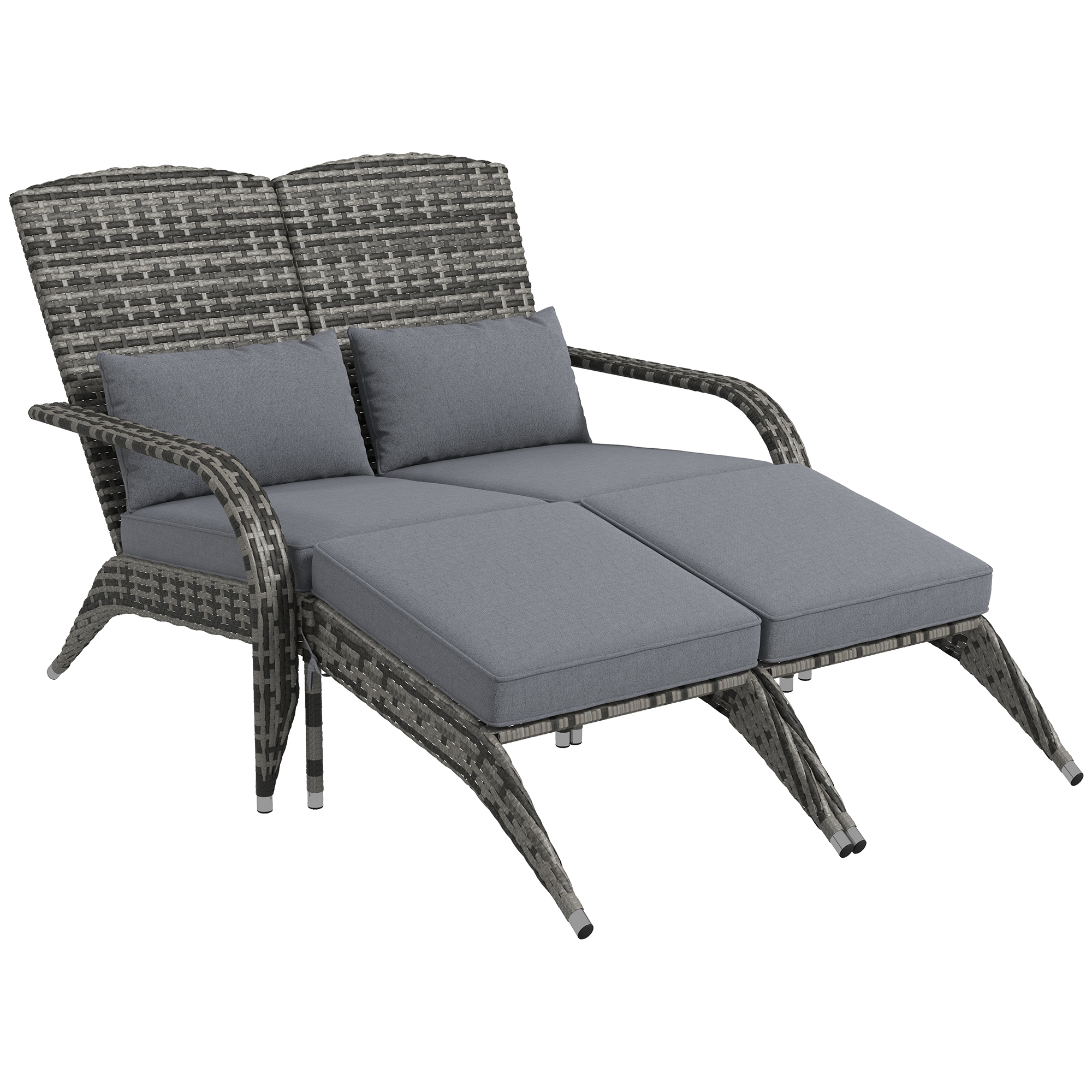 Wicker Adirondack Chair for 2 with Cushions & Footrests, PE Rattan Double Chaise Lounge Chair, Fire Pit Chair for Porch with High-back, Wide Armrests, Mixed Gray (Drop Shipping Only, Not for Amazon)