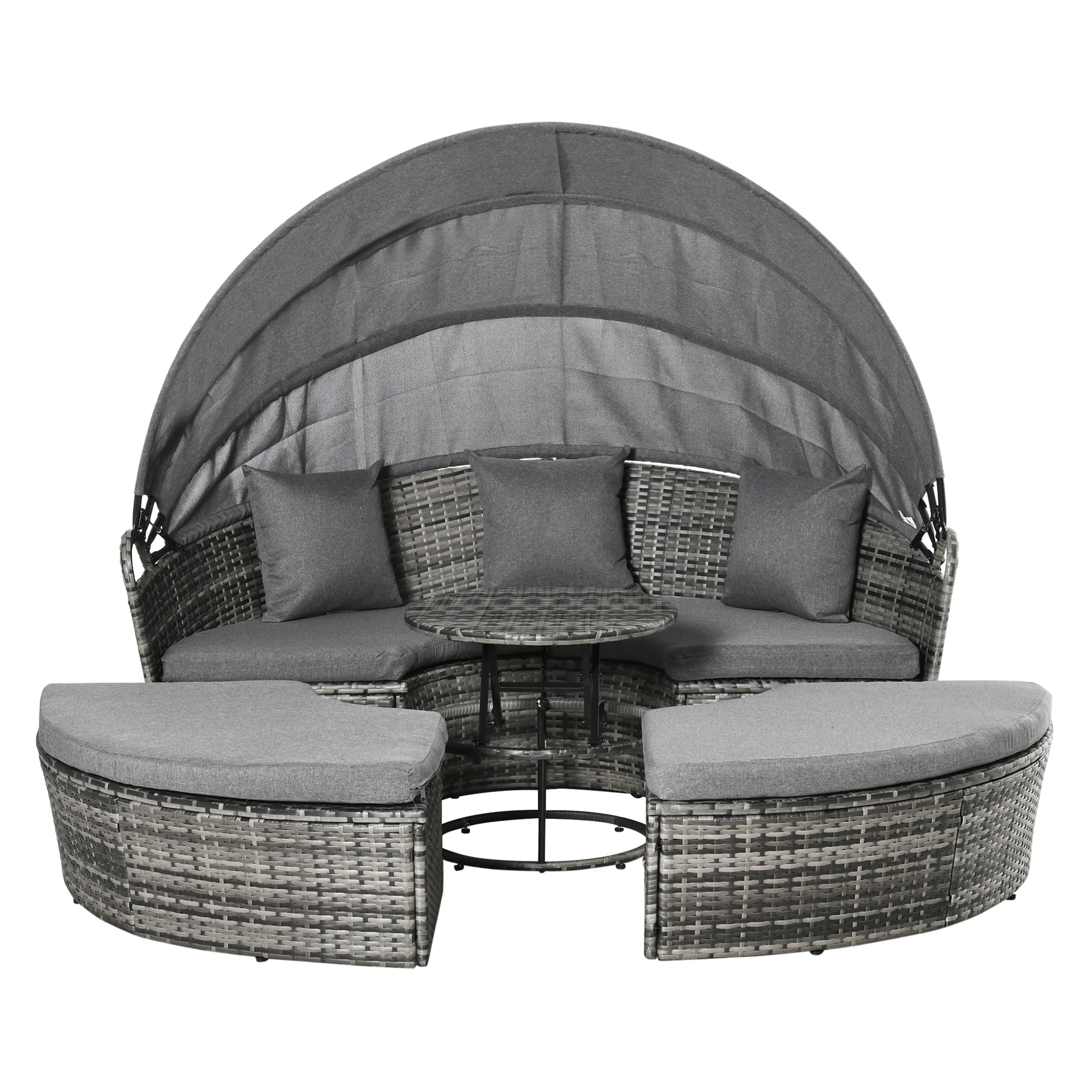 4 Piece Round Rattan Daybed, Convertible Patio Furniture Set, Adjustable Sun Canopy, Sectional Outdoor Sofa, 2 Chairs, Extending Tea Table Ottoman Chair, 3 Pillows, Gray (Drop Shipping Only, Not for Amazon)