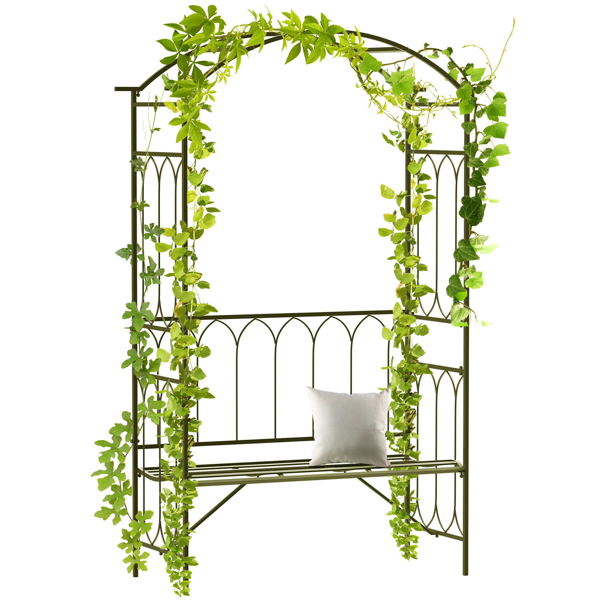 Garden Metal Frame Bench W/Arch for Various Climbing Plant, 115Lx50Wx203H cm-Black (Drop Shipping Only, Not for Amazon)