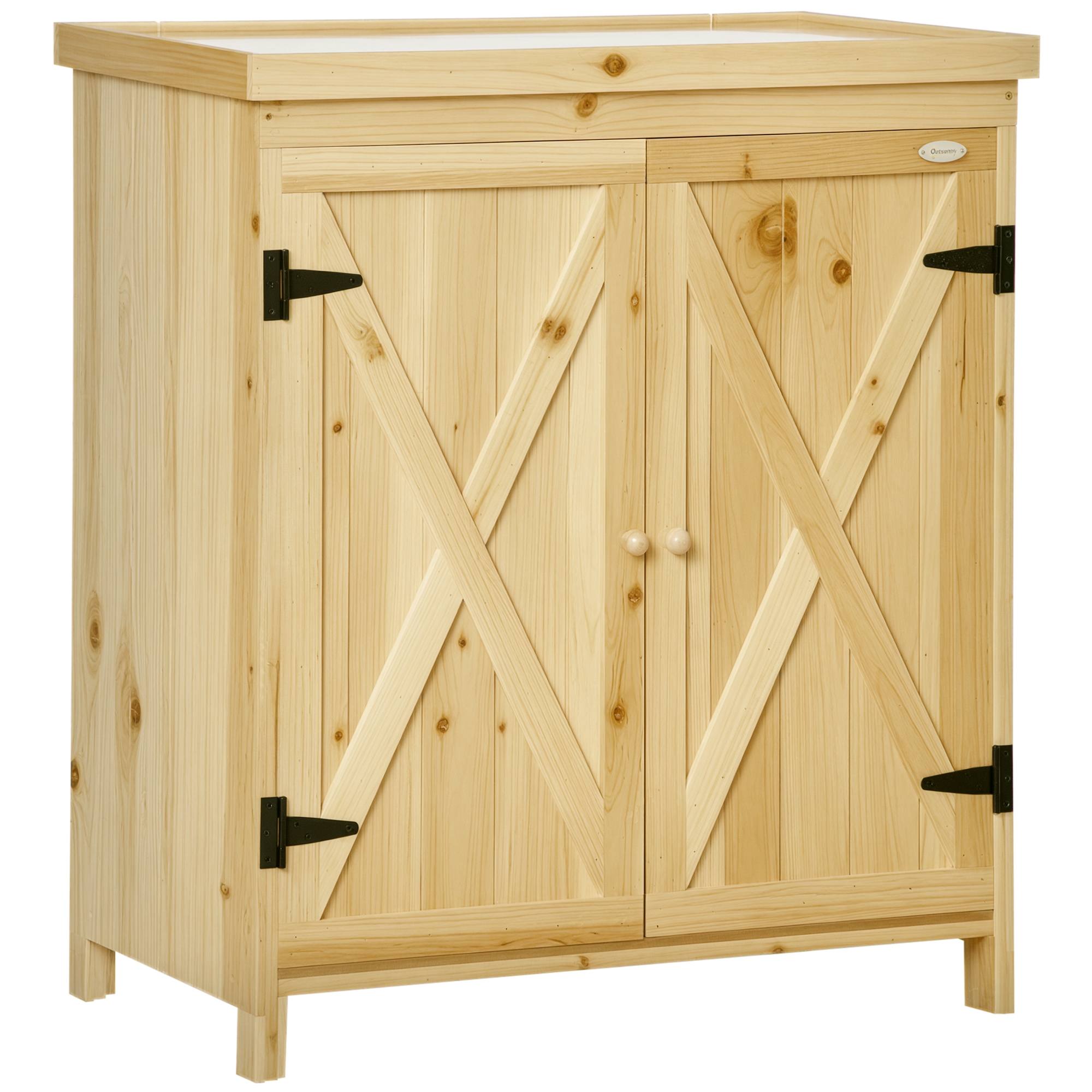 Garden Storage Cabinet, Outdoor Tool Shed with Galvanized Top and Two Shelves for Yard Tools or Pool Accessories, Natural (Drop Shipping Only, Not for Amazon)