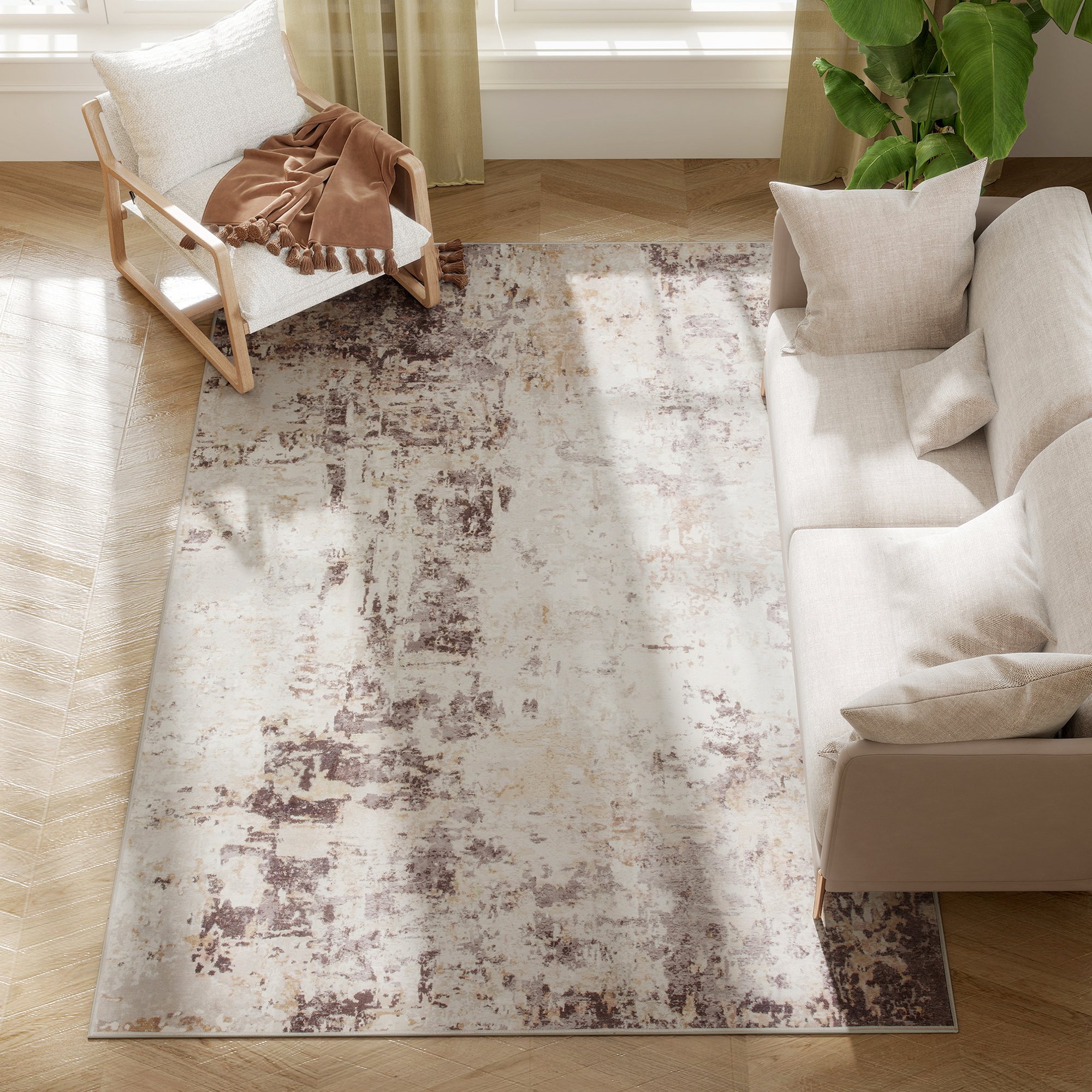 Machine Washable Area Rug 5x7, Non-Slip Modern Abstract Floor Carpet for Living Room, Bedroom, Dining Room, Mixed-Brown (Drop Shipping Only, Not for Amazon)