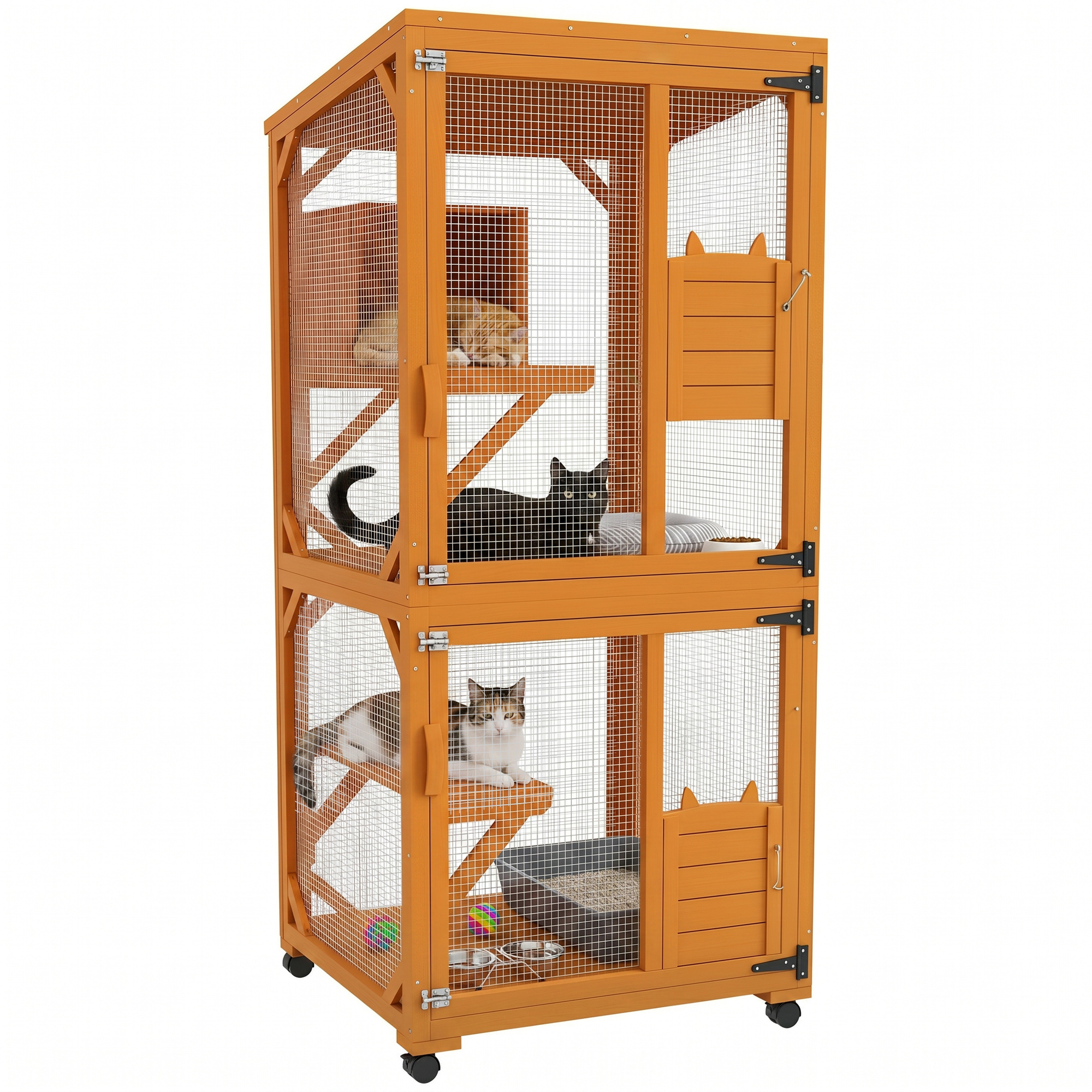 Large Cat House for 1-3 Cats on Wheels Wooden Catio Enclosure Orange (Drop Shipping Only, Not for Amazon)