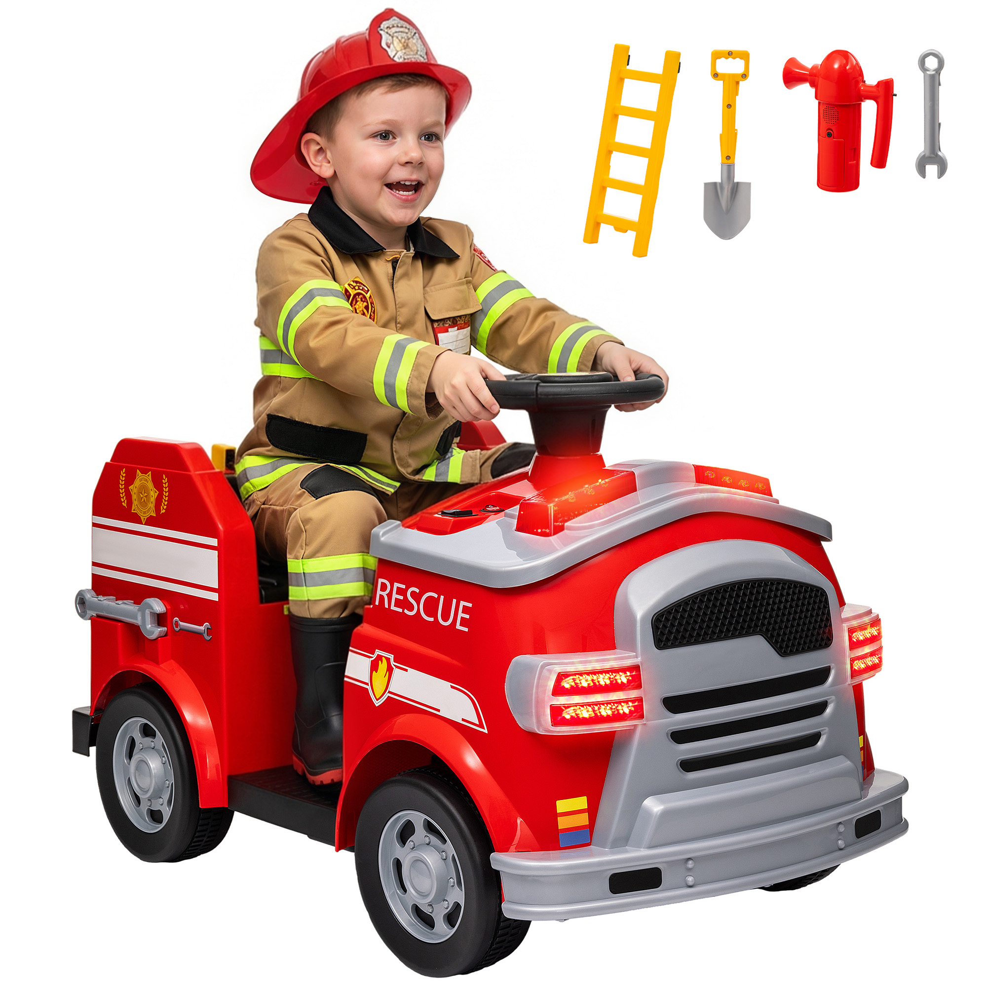 12V Ride on Fire Truck with Siren, Flashing Lights Fire Extinguisher, Soft Start, Horn Music, Red (Drop Shipping Only, Not for Amazon)