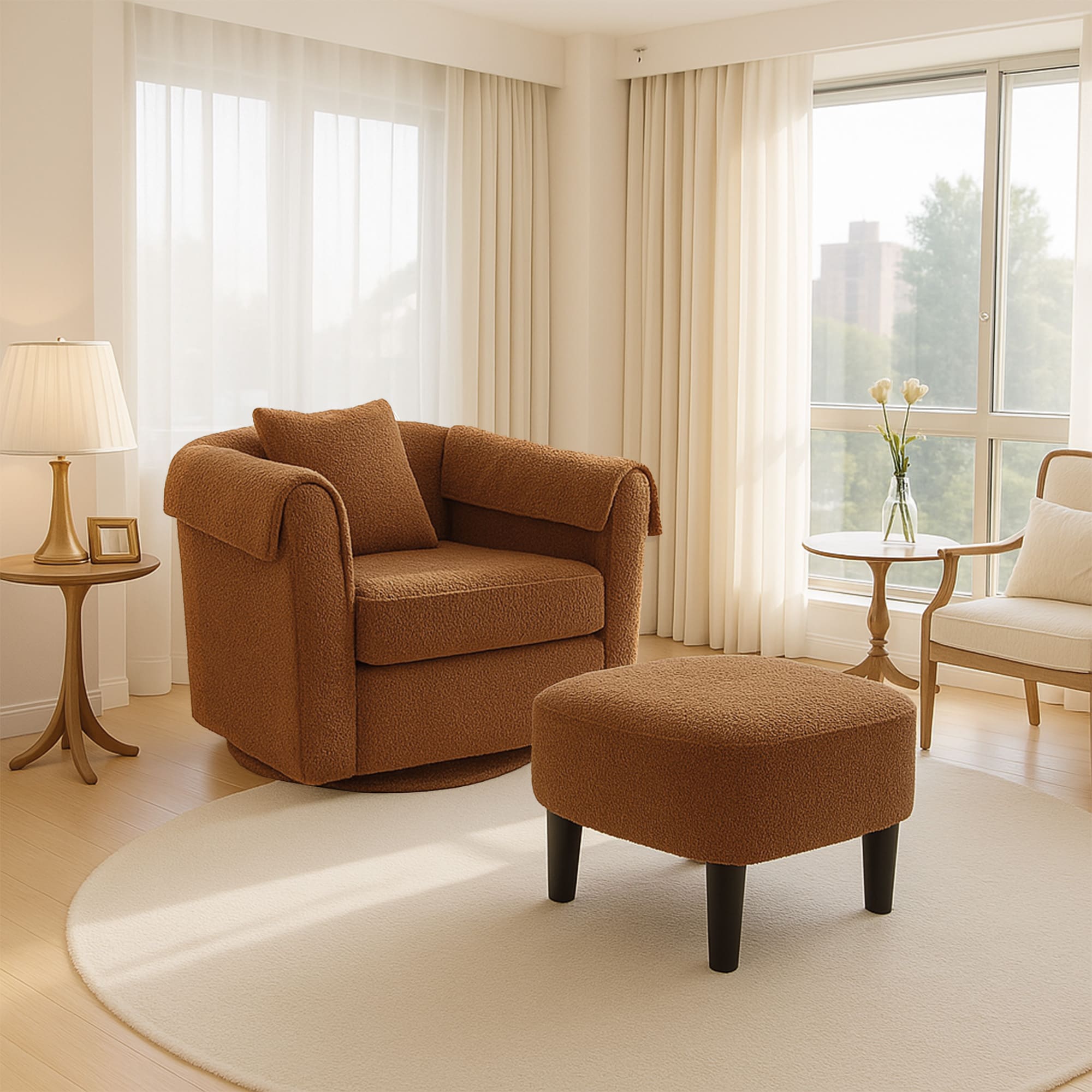 Swivel Accent Chair with Ottoman Set, Modern Chenille Barrel Armchair with Removable Back Pillow & 2 Armrest Covers for Living Room, Bedroom, Office, Caramel