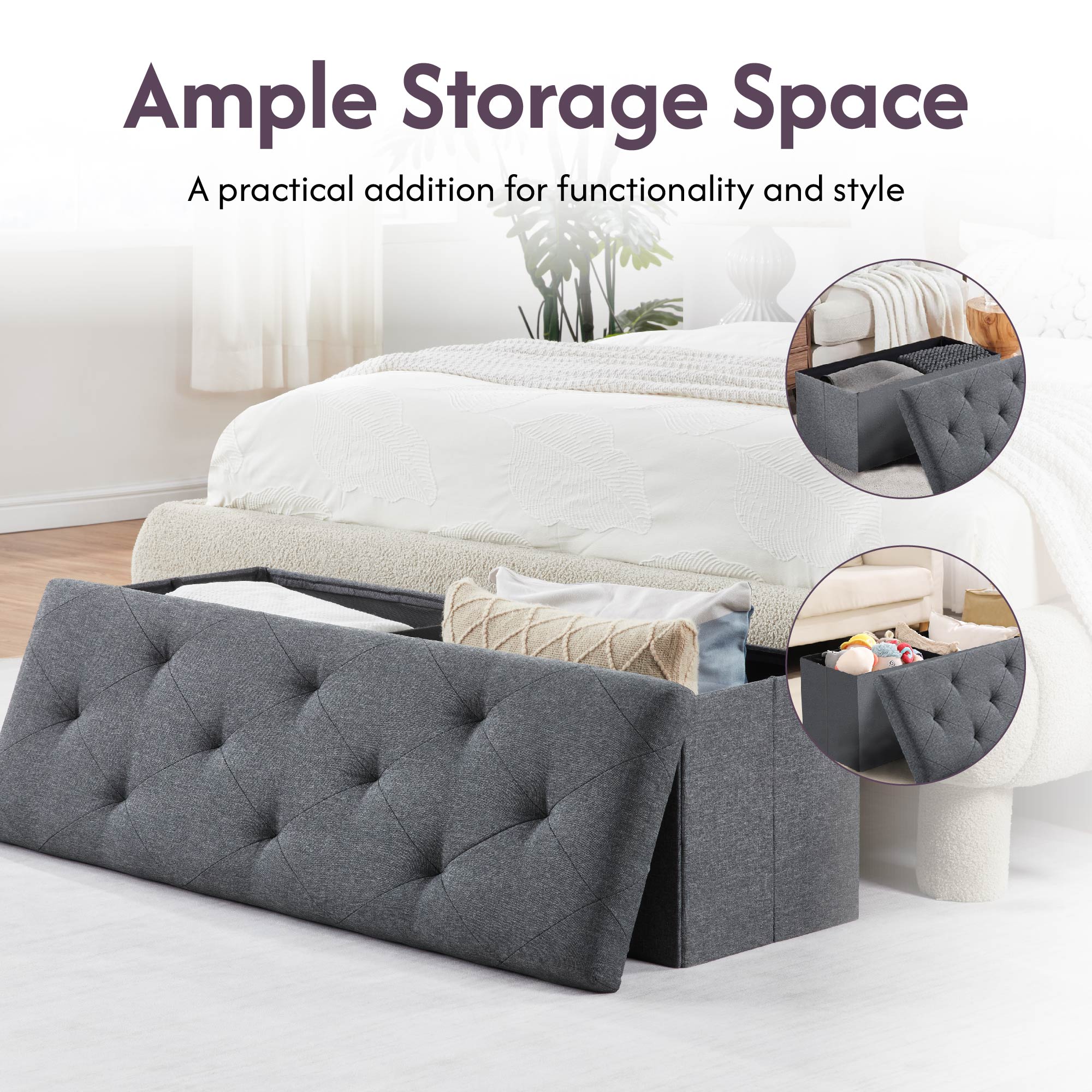 Folding Storage Ottoman Bench, Ottoman Foot Rest, End of Bed Bench, Storage Chest, for Living Room, Bedroom, Entryway, 43 Inches, Gray