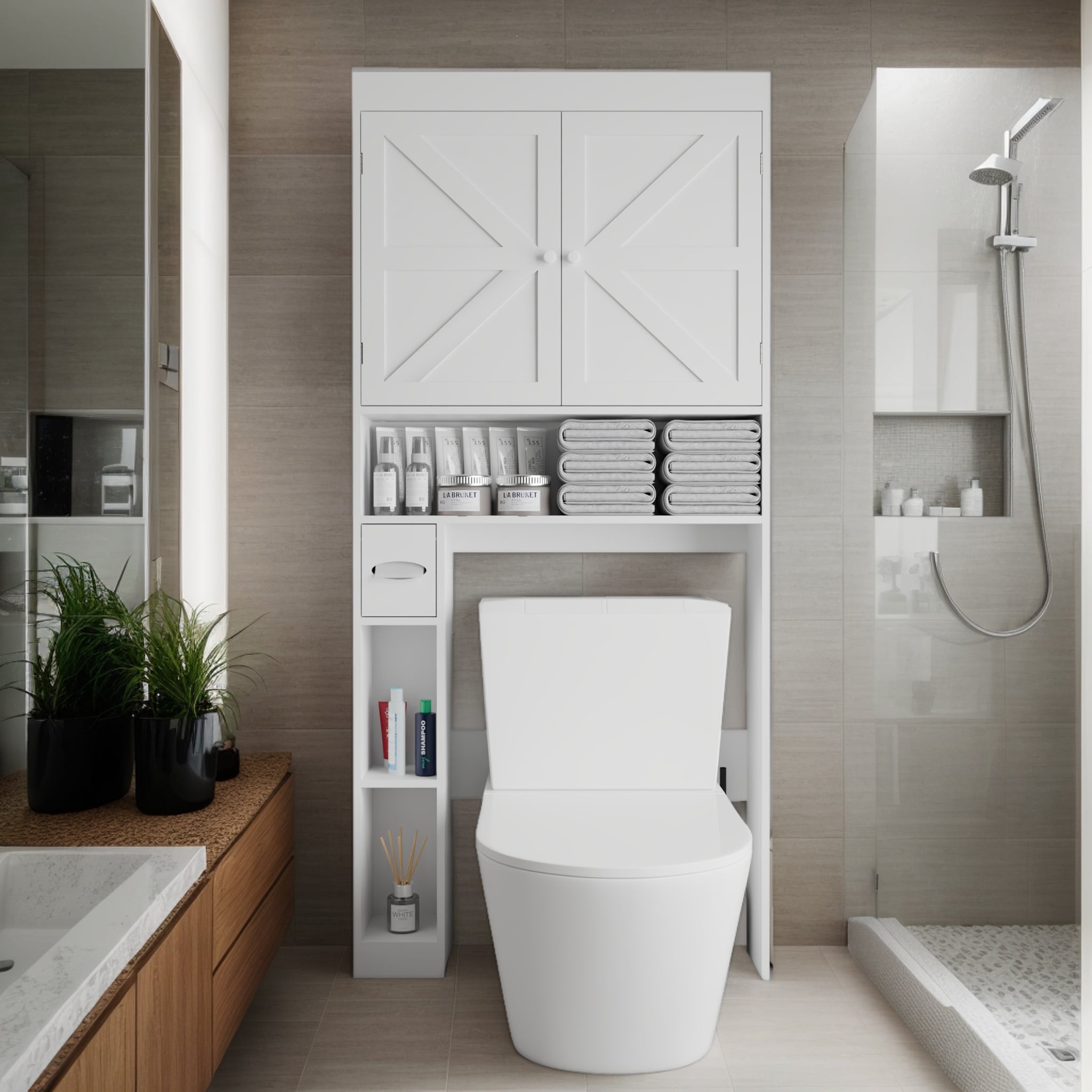 Over-The-Toilet Storage Cabinet with 2 Doors，Home Space-Saving Toilet Rack, Farmhouse Style for Bathroom, Restroom, Laundry