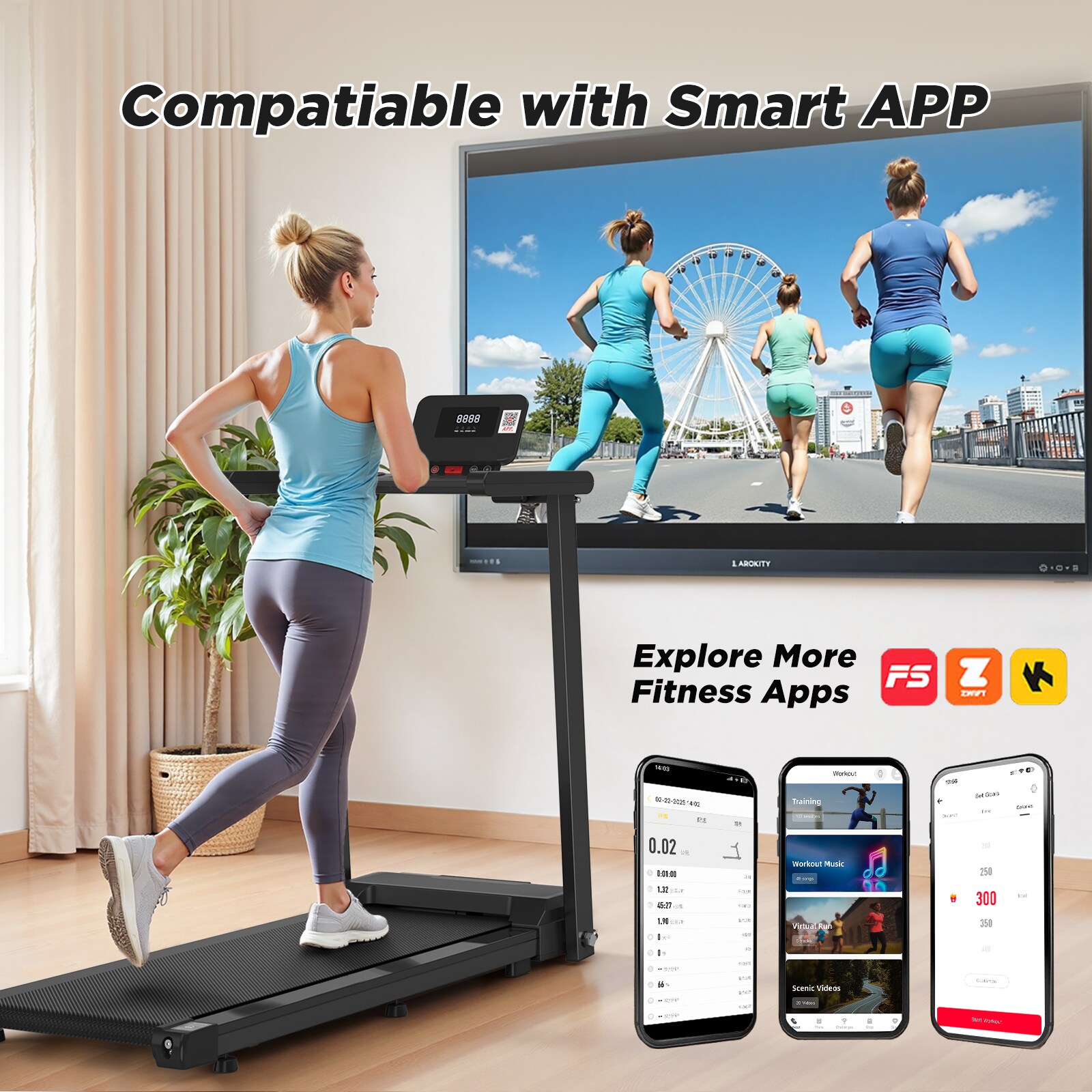 Folding Treadmill with Handles (Small Home Model) - 300lb Weight Capacity & 2.5HP Quiet Motor