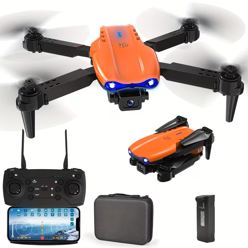 Brand New E99 PRO MAX Foldable Quadcopter Drone – Orange, with Remote Controller, Built-in 4K Dual Cameras, One Battery, Motors, Obstacle Avoidance, 1-Hour Safe Return-to-Home, LED Lights, plus Maintenance Tools & Spare Propellers.