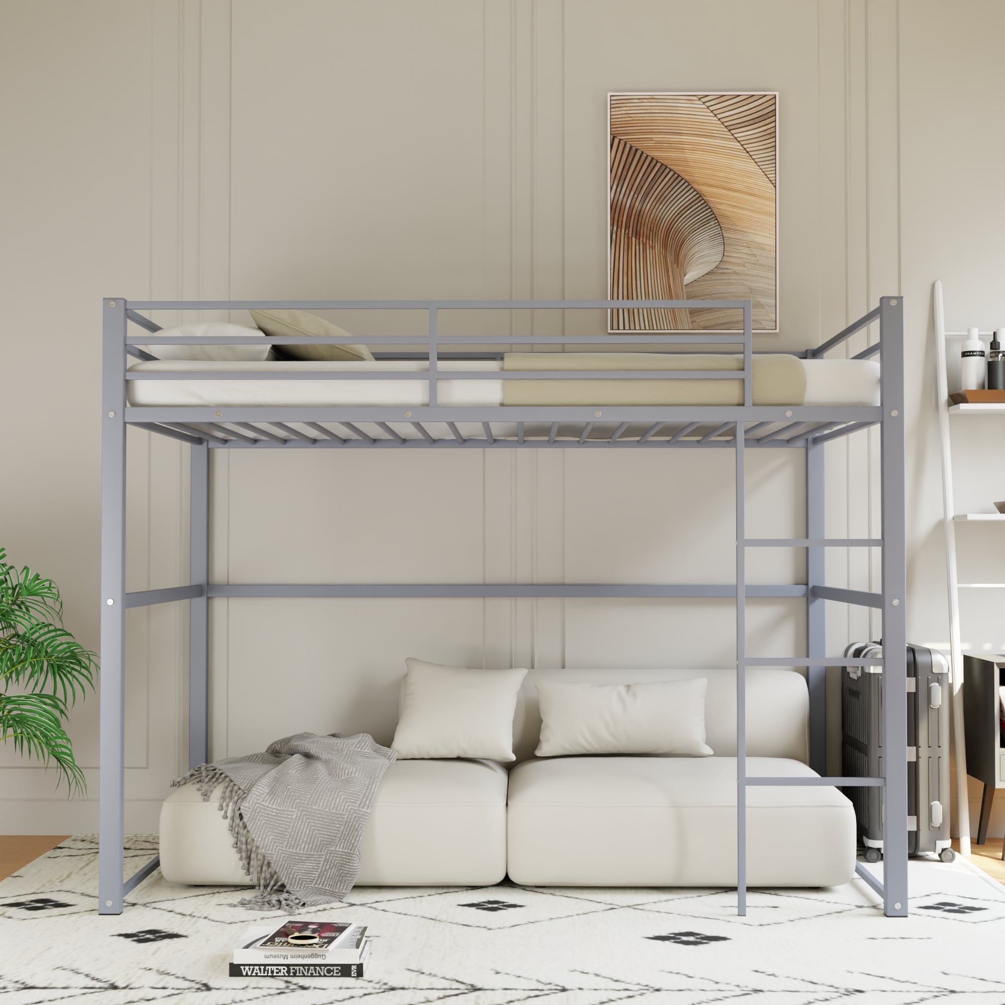 Metal Loft Bed Twin Size, Loft Bed Frame with Safety Guard Rails & Flat Ladder, Twin Loft Bed for Kids Teens Adults, Gray