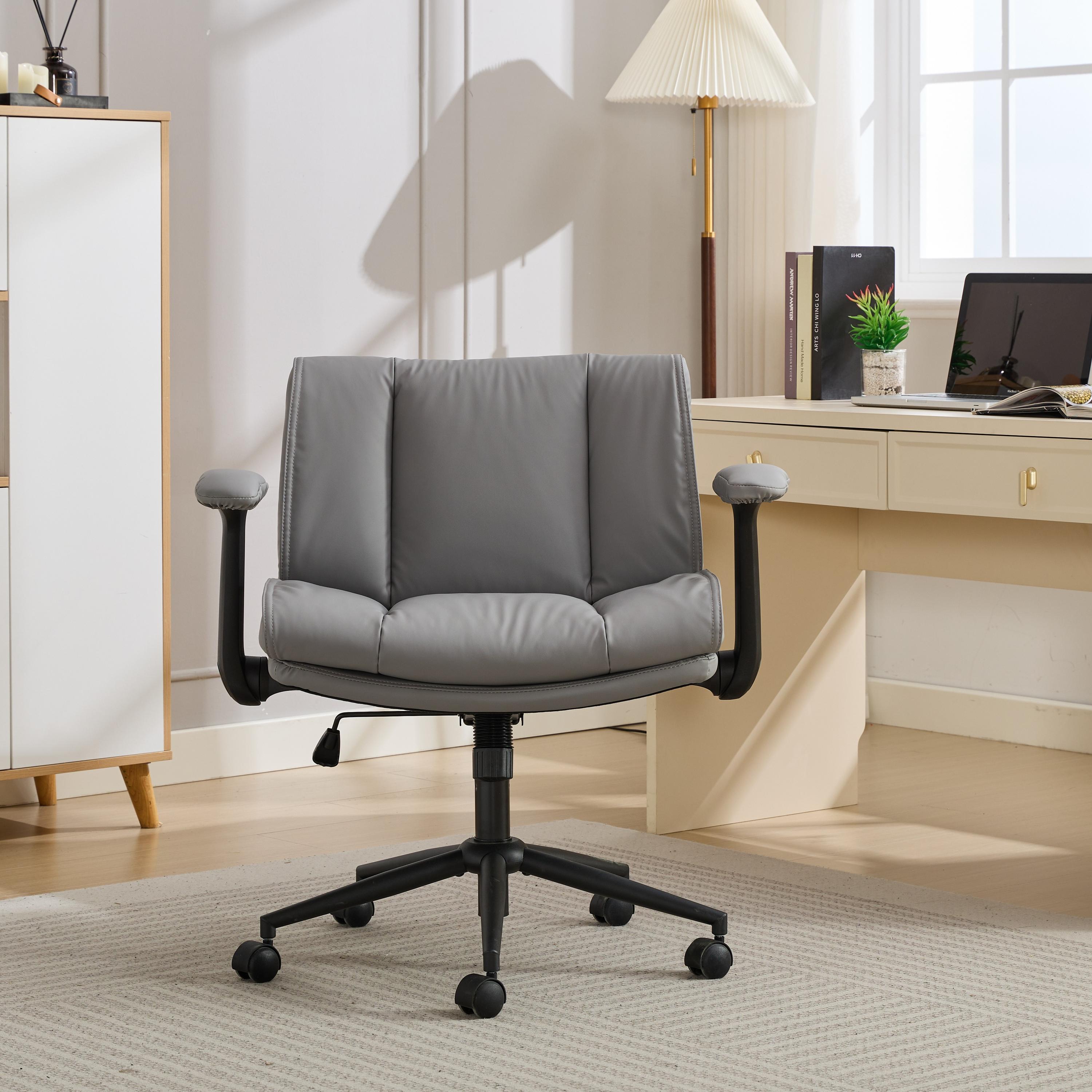 Cross Legged Chair with Flip-Up Armrests Leather, Cross Legged Office Chair on Wheels, Comfy Swivel Chair with Wide Seat for Home Office, Vanity, Ergo