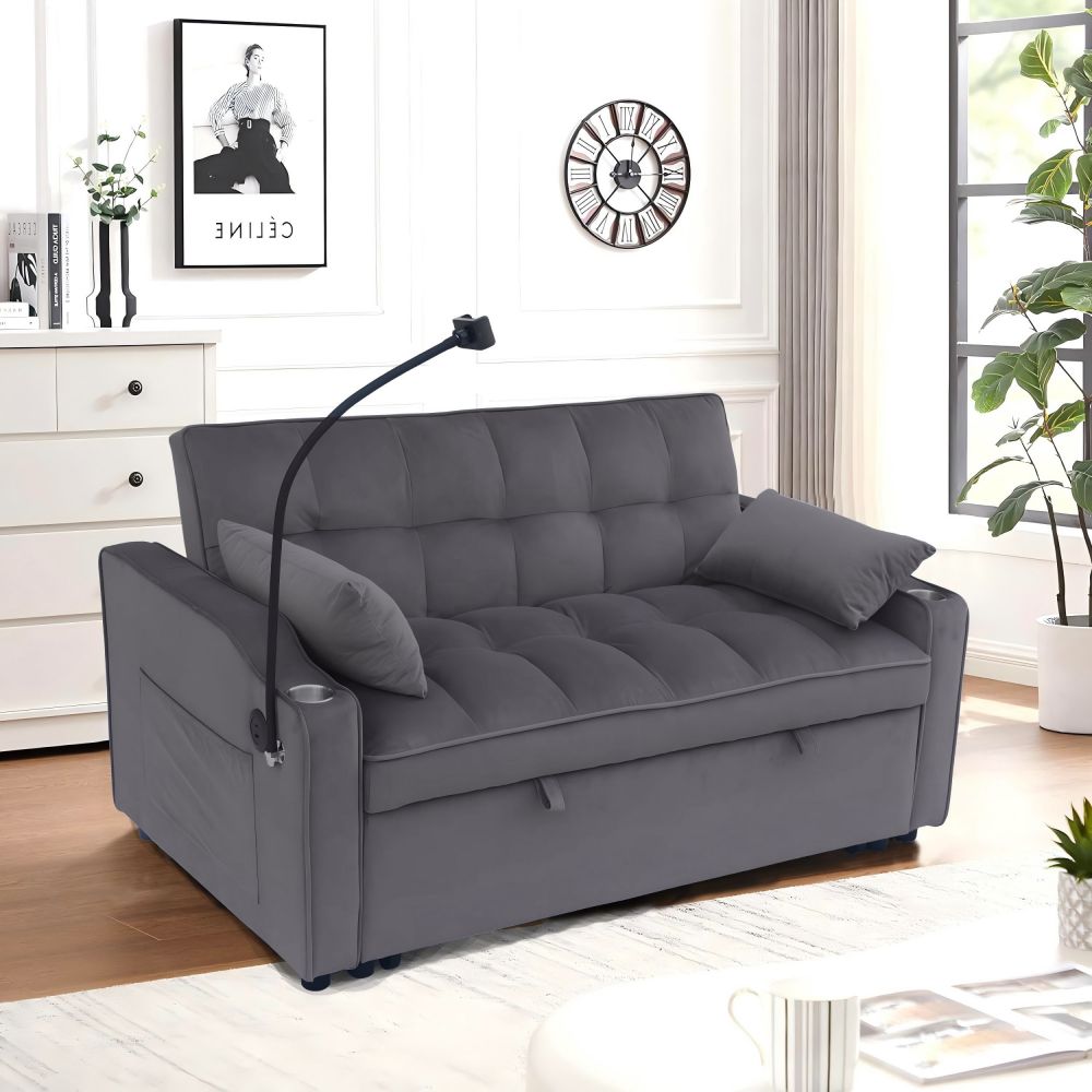 Modern Velvet Loveseat Futon Sofa Couch w/Pullout Bed,Small Love Seat Lounge Sofa with adjustable Reclining Backrest,Toss Pillows, Pockets,Furniture f