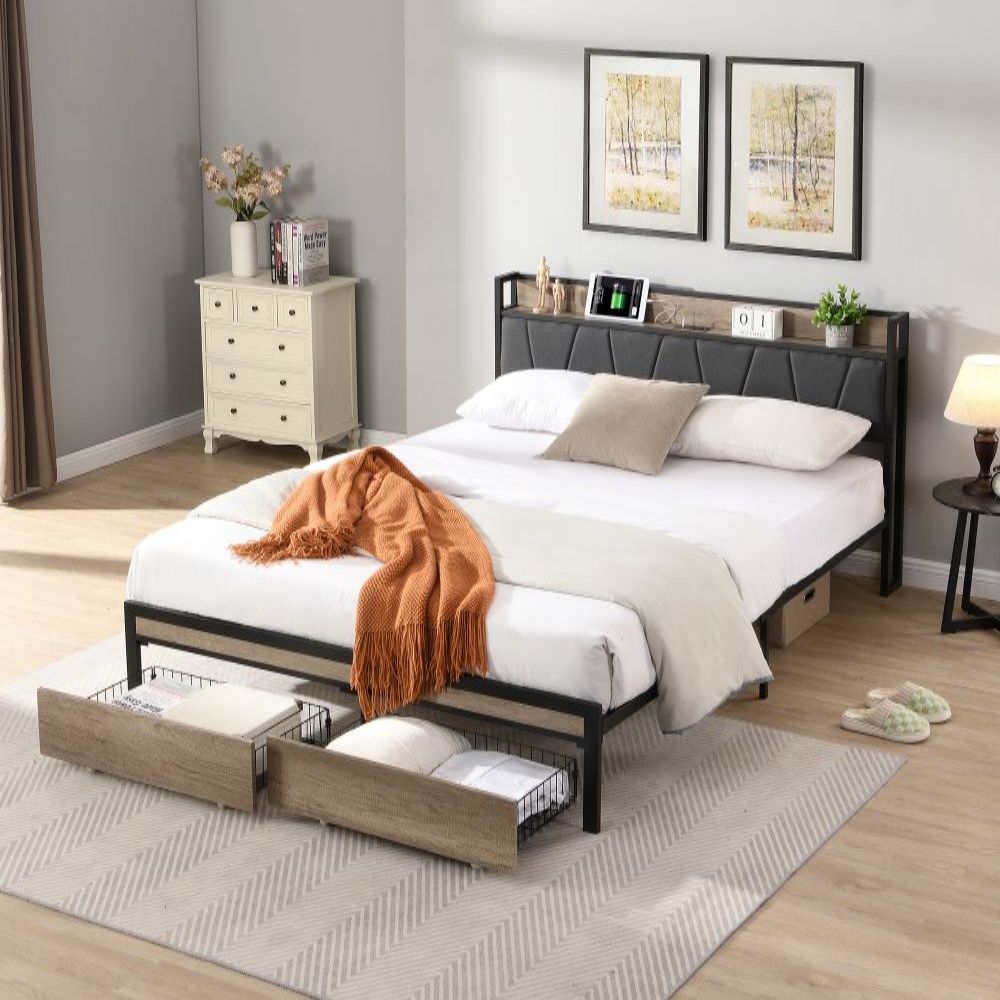 Queen Size Metal Platform Bed Frame with upholstery storage function Headboard and USB LINER and Footboard with drawers , No Box Spring Needed, Large 