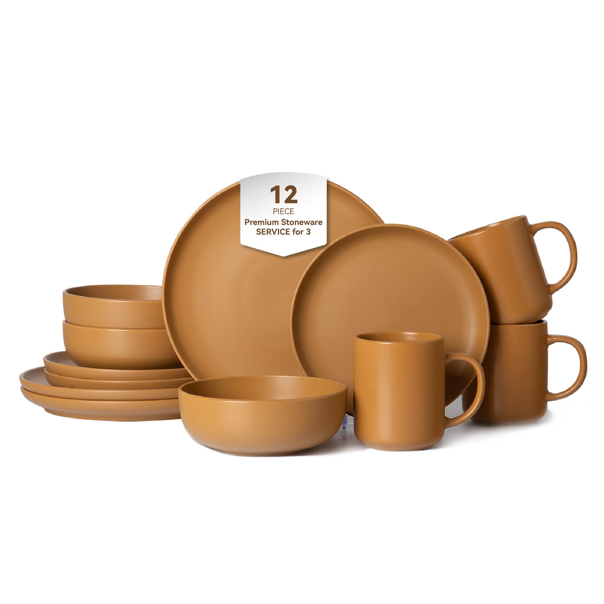 12-Piece Stoneware Dinnerware Sets with Mugs | Microwave & Dishwasher Safe | Non-Toxic Dinner Plates Bowls Set | Stackable Matte Glaze Kitchenware for 3