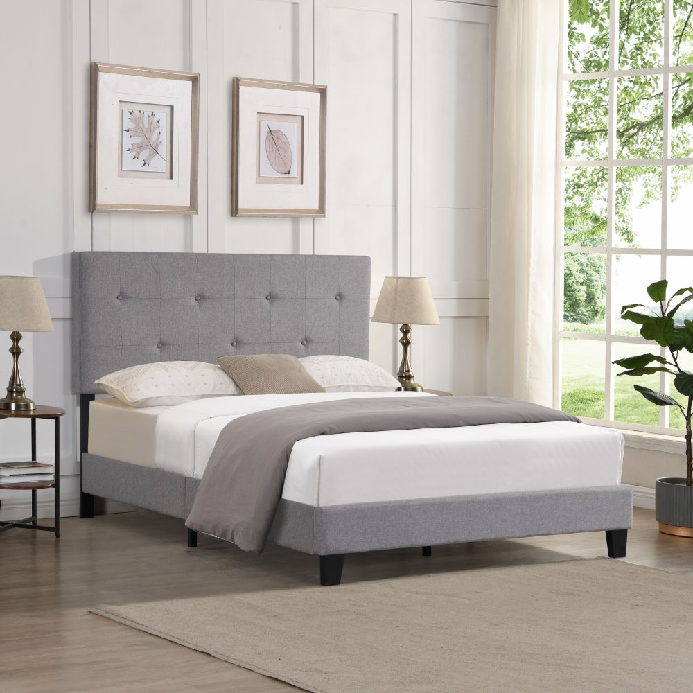 Queen Size Upholstered Platform Bed Frame with Button Tufted Linen Fabric Headboard, No Box Spring Needed, Wood Slat Support, Easy Assembly, Gray