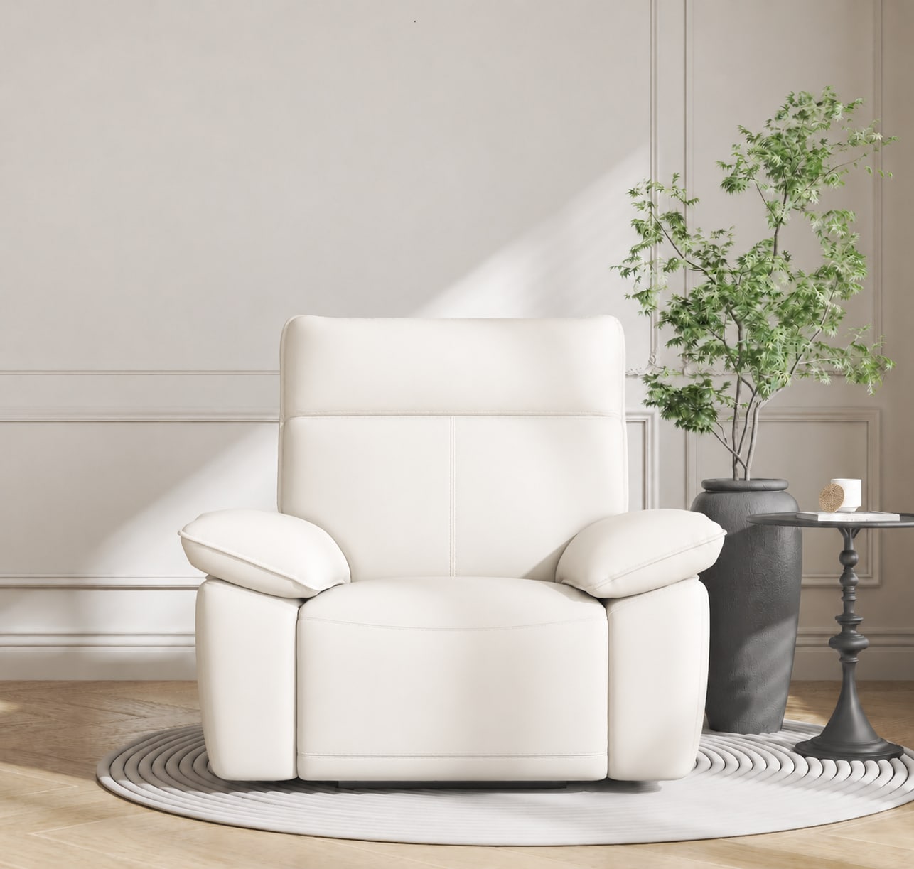 Power Recliner Chair, Modern Faux Leather Electric Reclining Sofa, Cream White Glider Rocker Armchair with Padded Headrest & Lumbar Support for Living
