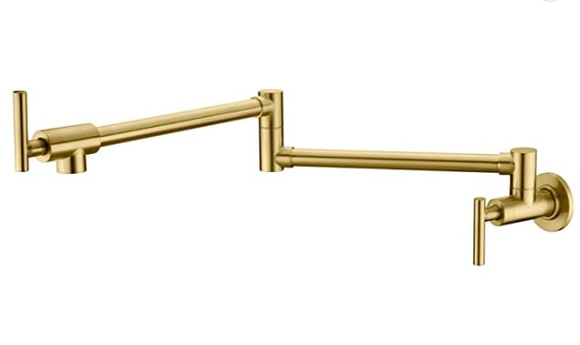 Gold Pot Filler Faucet Wall Mount Kitchen Folding Faucet with Double Joint Swing Arms, Two Handle Design