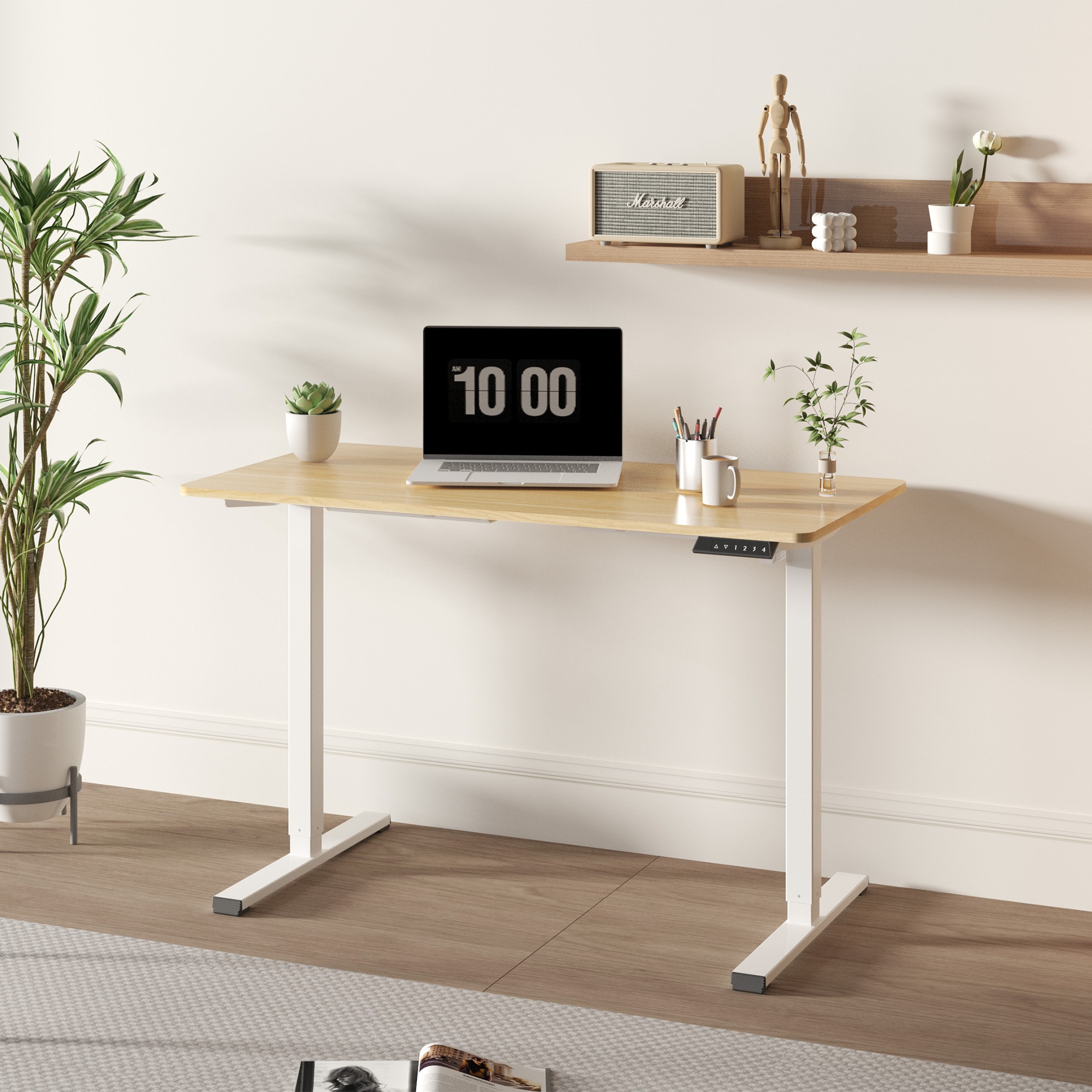 Electric Standing Desk Whole Piece Adjustable Height Desk Home Office Computer Workstation Sit Stand up Desk (White Frame + Maple Top)