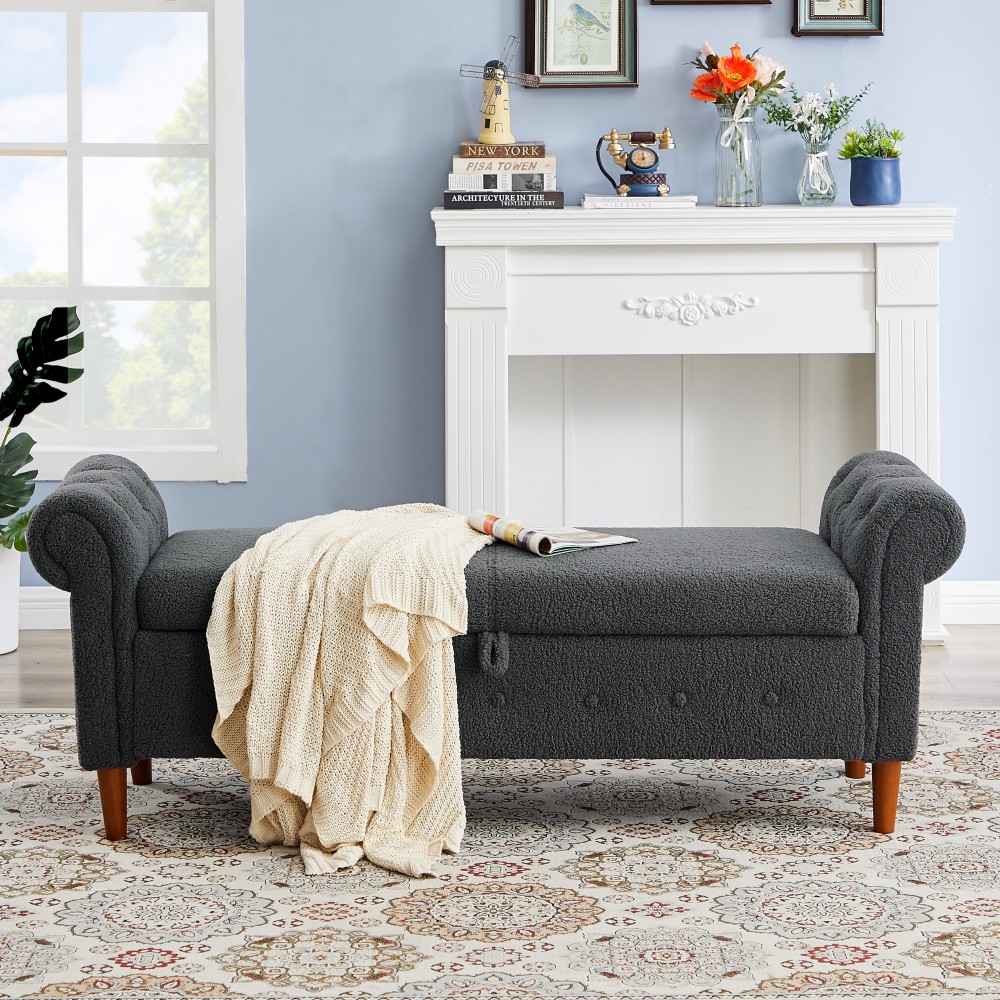 Grey Teddy Velvet Multifunctional Storage Rectangular Sofa Stool