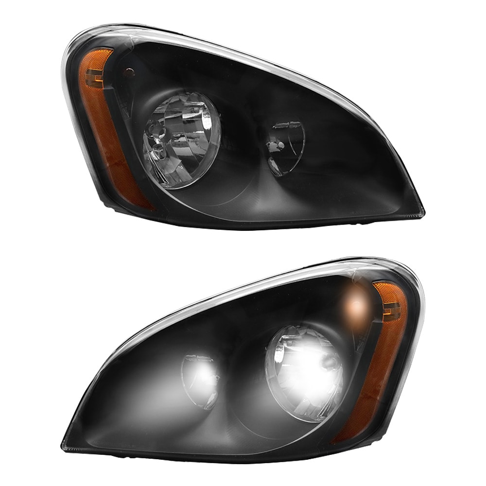 Headlights Assembly Fit For 2008-2016 Freightliner Cascadia, Black Housing Headlamps, Left and Right Pair Set, Including Halogen bulbs