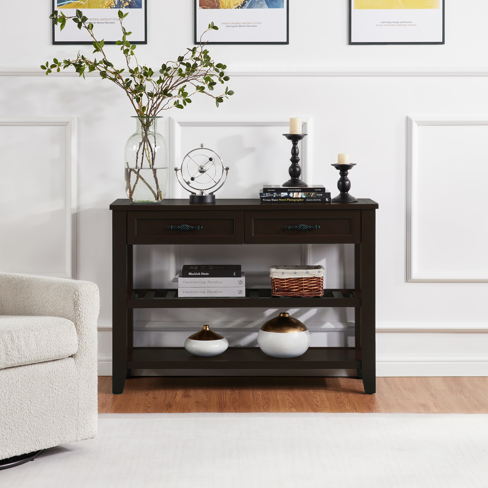 Retro Design Console Table with Two Open Shelves, Pine Solid Wood Frame and Legs for Living Room