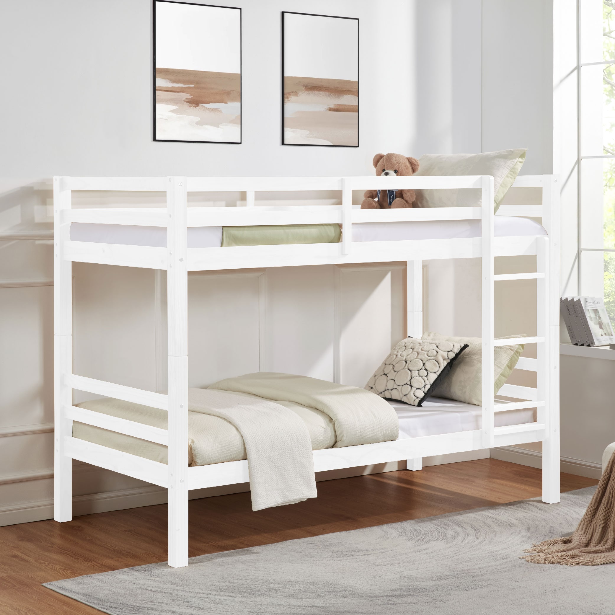 Twin over Twin Bunk Bed with Thick Posts,Wooden Bunk Bed with High Guardrail and Ladder for Kids, Teens, Dorm Rooms, and Guest Rooms,No Box Spring Nee